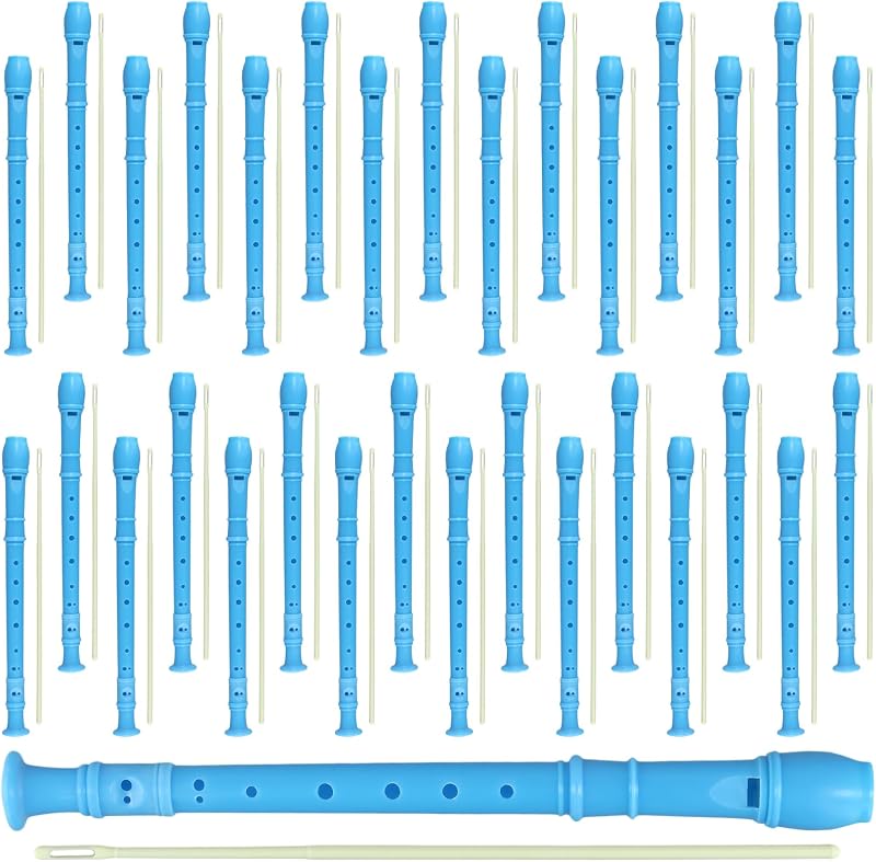 30 Pack 8 Hole Soprano Recorder Descent Flute, German Musical Recorders Instruments with Cleaning Rod, Blue Flutes for Beginners, Student Practice, School Concert