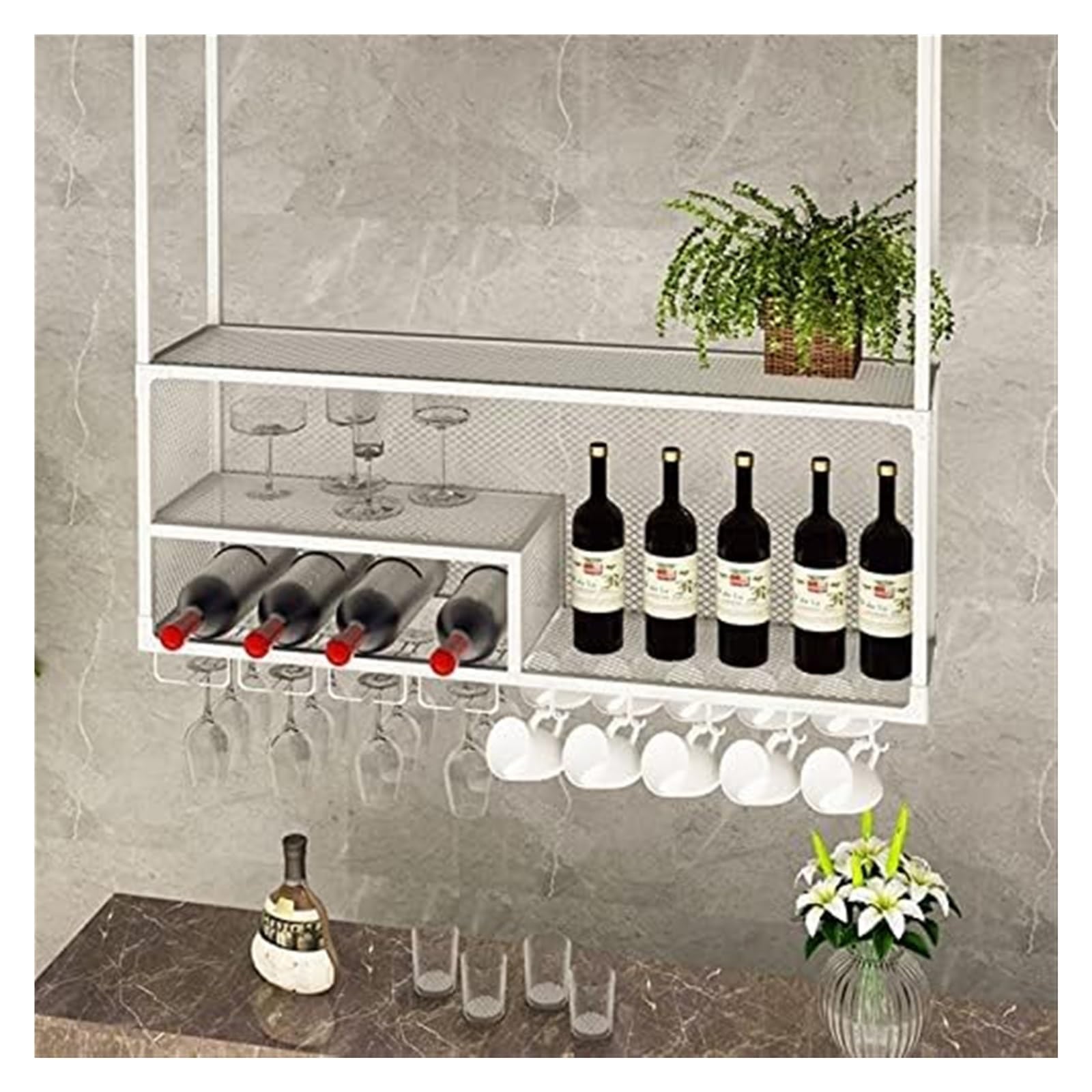 SSRURYWZ Hanging Wine Rack Plant Stand - Wrought Iron Ceiling Wine Glass Holder, American Plant/Wine/Book Display Stand, Double-Layer Grid Storage Design