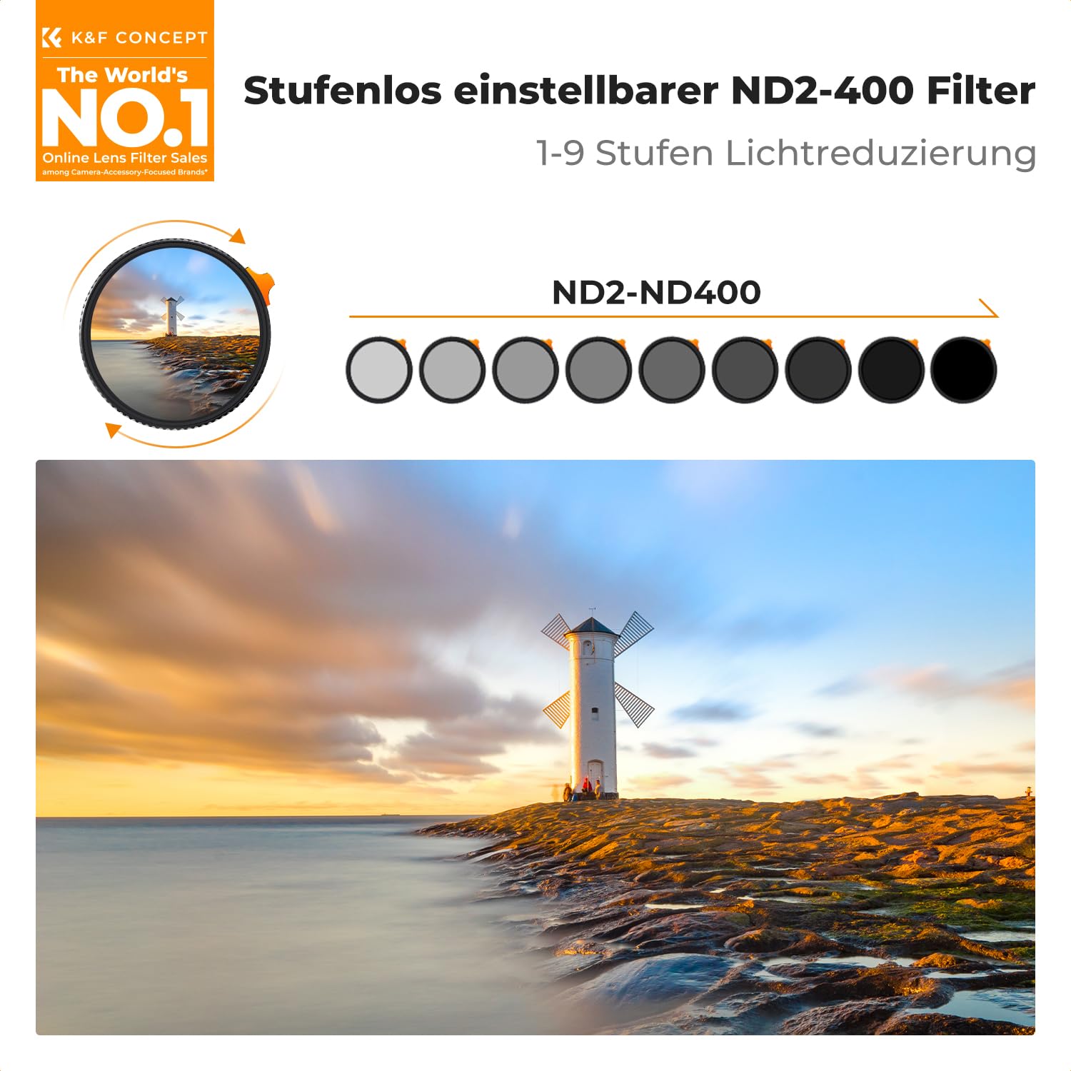 K&F CONCEPT Ultra-niedrige Reflexion ND Filter 67mm Variabler ND2-400 Graufilter (1-9 Blendenstufen)(Nano Xcel)