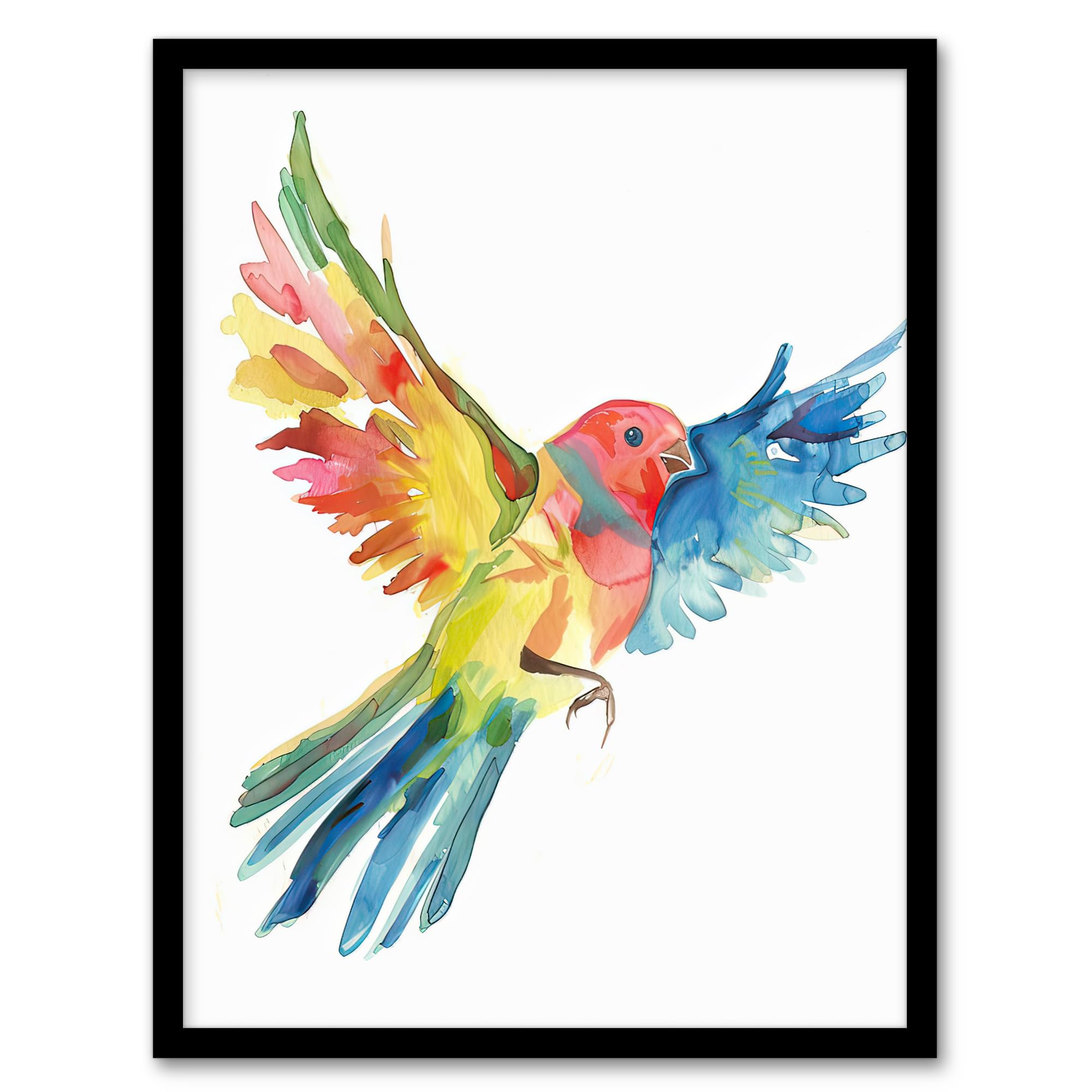 Artery8 Colourful Parrot Spread Wings Flying Watercolour Living Room Artwork Framed Wall Art Print A4