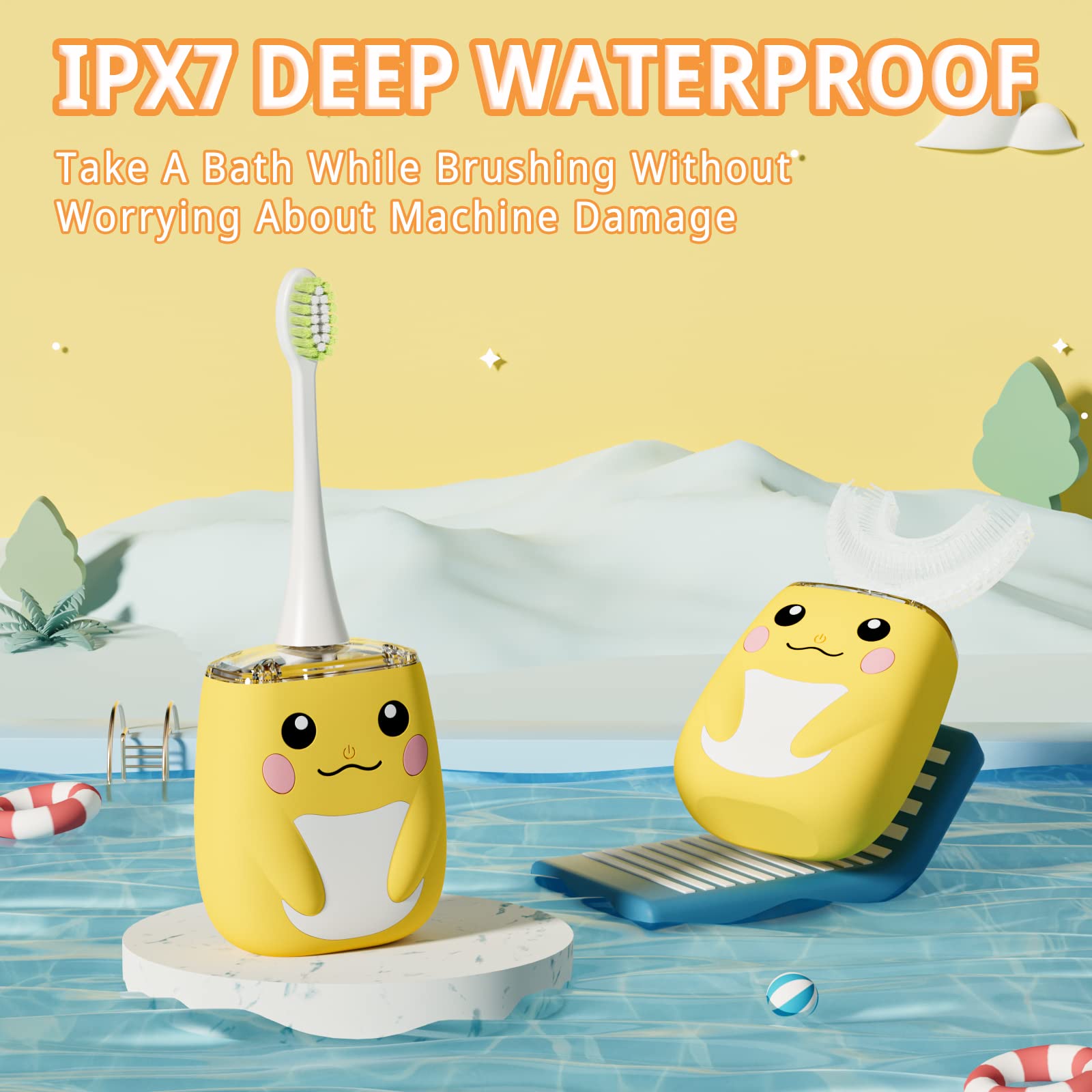 Spazzolino elettrico a forma di U per bambini, spazzolino sonico con IPX7 impermeabile, 6 modalità di pulizia, 45S Smart Reminder Cartoon Design