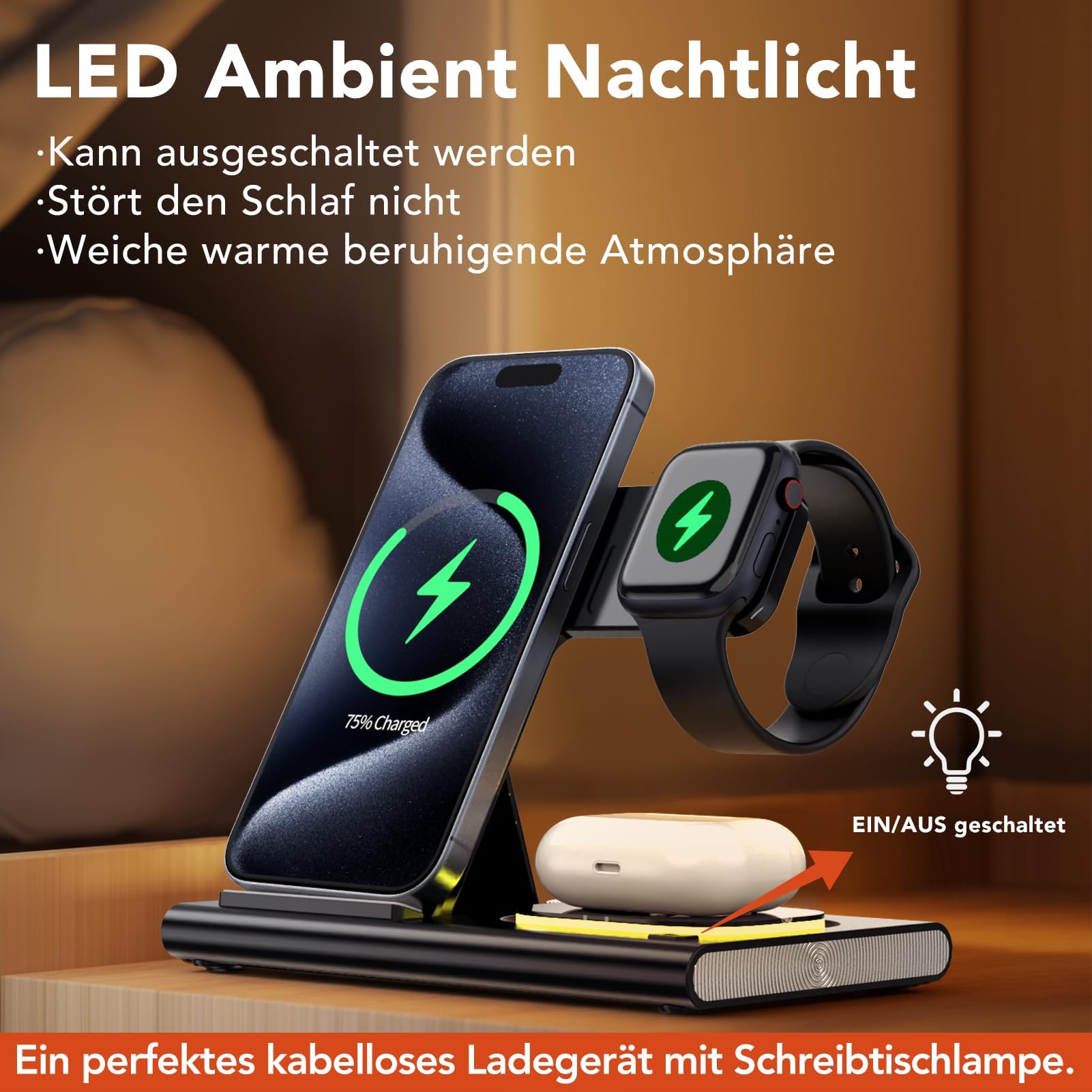 Aimtel 3 in 1 Induktive Ladestation Faltbare&Nachtlichter Kompatibel mit iPhone 17/17 Pro/17 Pro Max/17 Air/16/15/14/13,Apple Watch 11/Ultra 3/10/9/8/SE 3 für Air-Pods Pro/4/3/2 Kabelloses Ladegerät