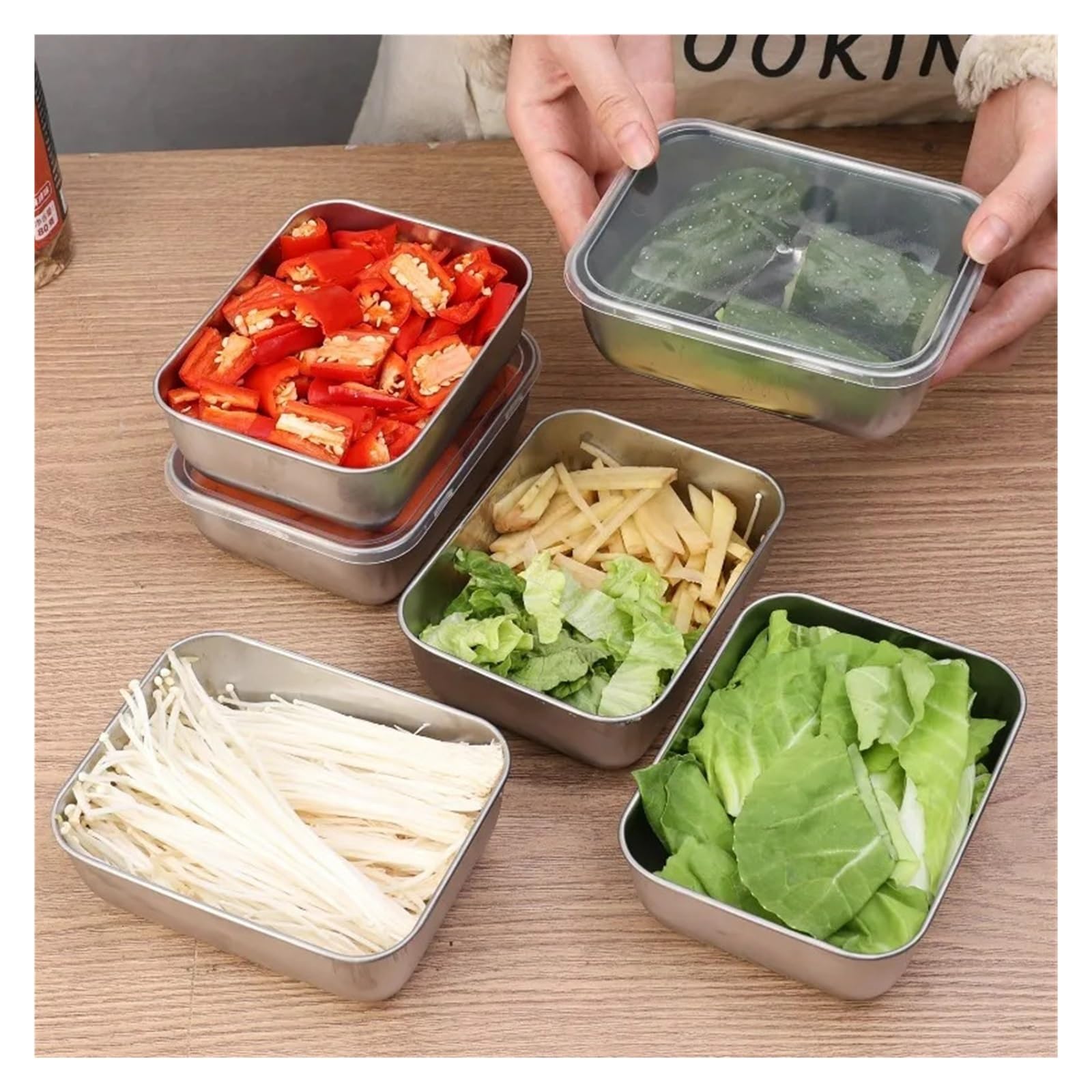 Boîte de stockage des aliments au réfrigérateur avec couvercle en plastique, Compatible les conteneurs métalliques carrés pique-nique 6/3 pièces(6PCS-With cover)