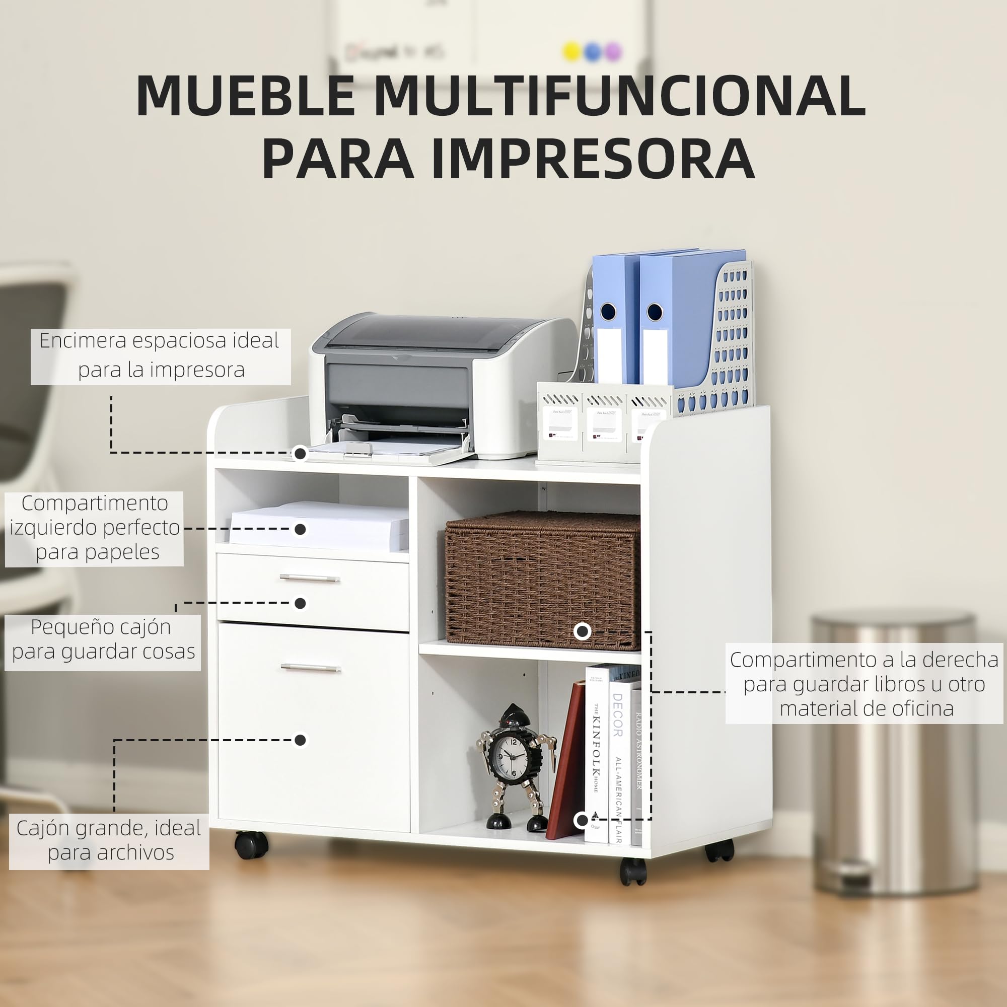 Vinsetto Mueble de Impresora Carro Multifuncional de Oficina con 3 Compartimentos 2 Cajones para Archivos Estante Ajustable Ruedas con 2 Frenos 80x40x72 cm Roble