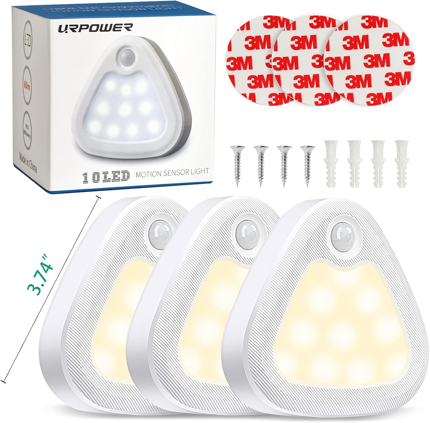 URPOWER Motion Sensor Light Indoor, 60LM LED Closet Lights Battery Operated Under-Cabinet Lighting, Stick-Anywhere Safe Night Lights for Hallway, Stairs, Entrance (3 Pack, Warm White)