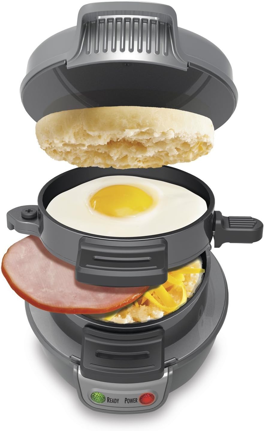 Hamilton Beach Breakfast Sandwich Maker with dimensions labeled: 5.6 inches height, 6.3 inches width, 7.3 inches depth.