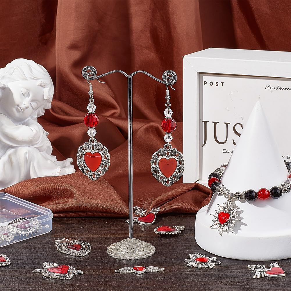 SUNNYCLUE 1 Box 16Pcs 8 Styles Heart Wing Charms Silver Red Heart Enamel Charm Bulk Antique Alloy Gothic Vintage Mexican Milagro Valentines Pendants for Jewelry Making Earrings Necklaces DIY Crafts - Image 3
