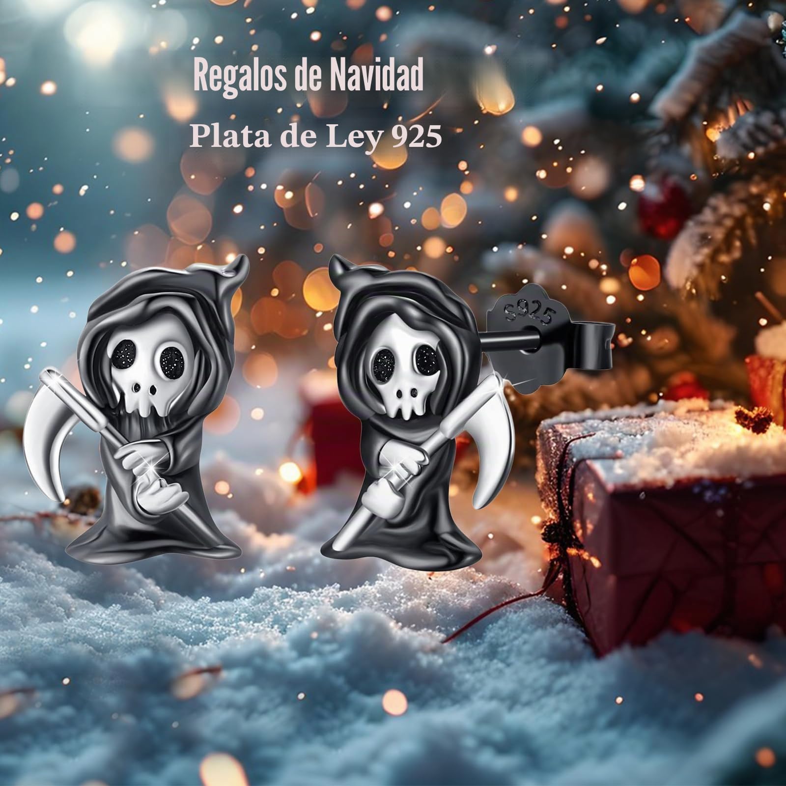 Reaper Pendientes de plata de ley 925, pendientes de hombre de parca negros, pequeños aretes de esqueleto, Halloween, parca, regalo para mujeres y hombres, Plata de ley