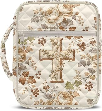 Beige Cross Bible Cover for Women & Men Elegant Floral Quilted Bible Case with Embroidered Design Bibles Bag for Women Protector with Zipper & Carry Handle Bibles Gift for Church, Travel