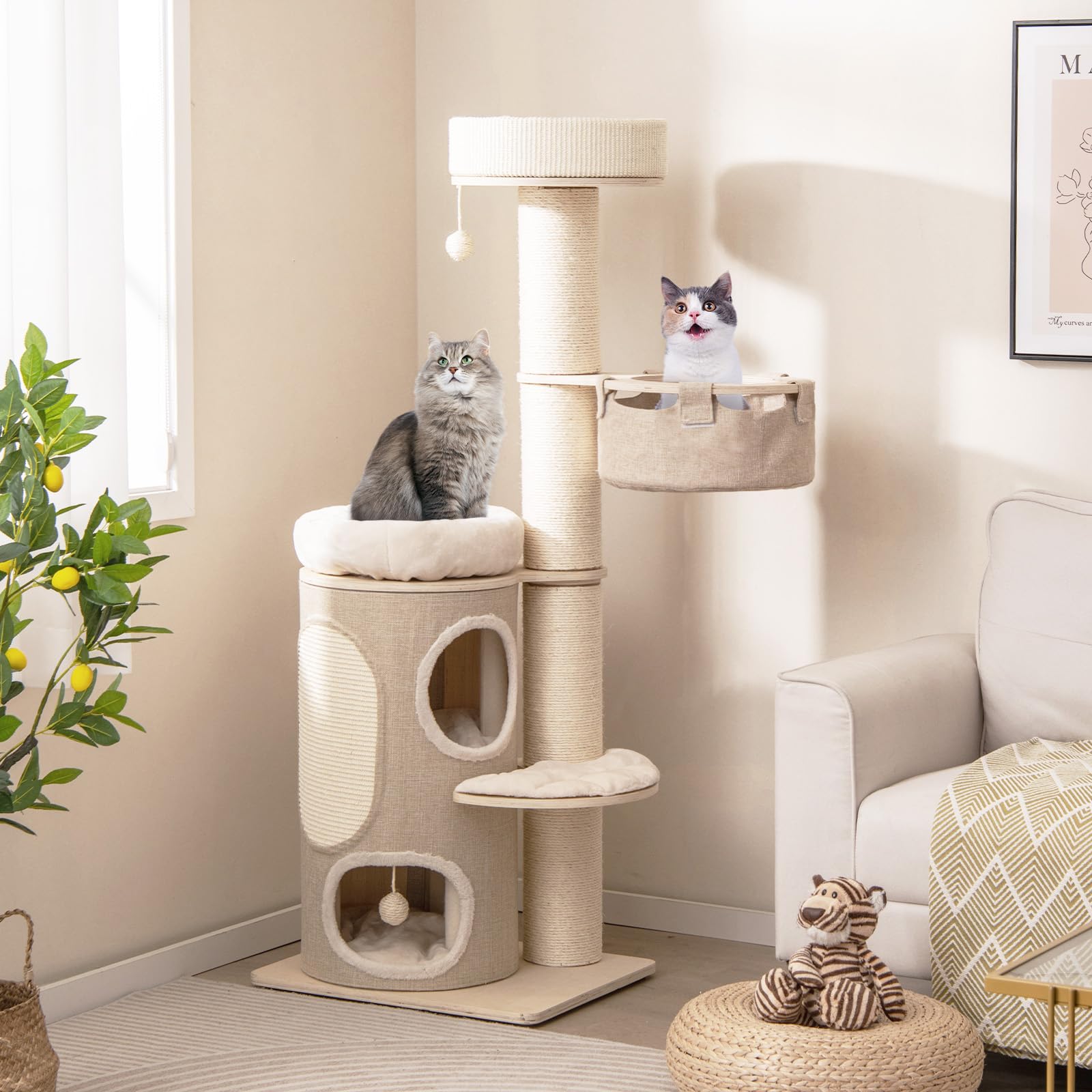 COSTWAY Kratzbaum, Katzenbaum mit 2-stöckiger Kratztonne, Hängematte, abnehmbarem Bett, Sisalbrett, Spielball, Katzenkratzbaum Katzen Katzenmöbel, Kletterbaum Aktivitätsbaum, Beige+Natur