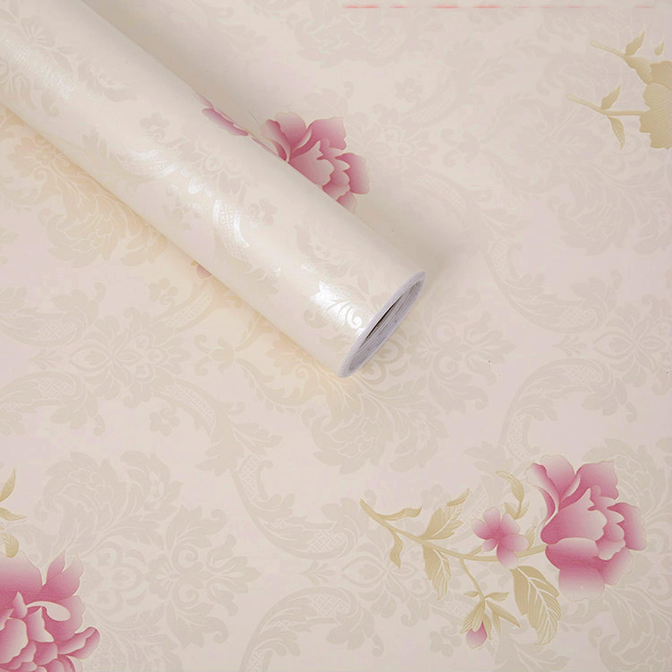 wolpin Wall Stickers Wallpaper for Bedroom Roses (45 x 500 cm) Peony Damask Valentine's Day Decor Love Self Adhesive, Beige