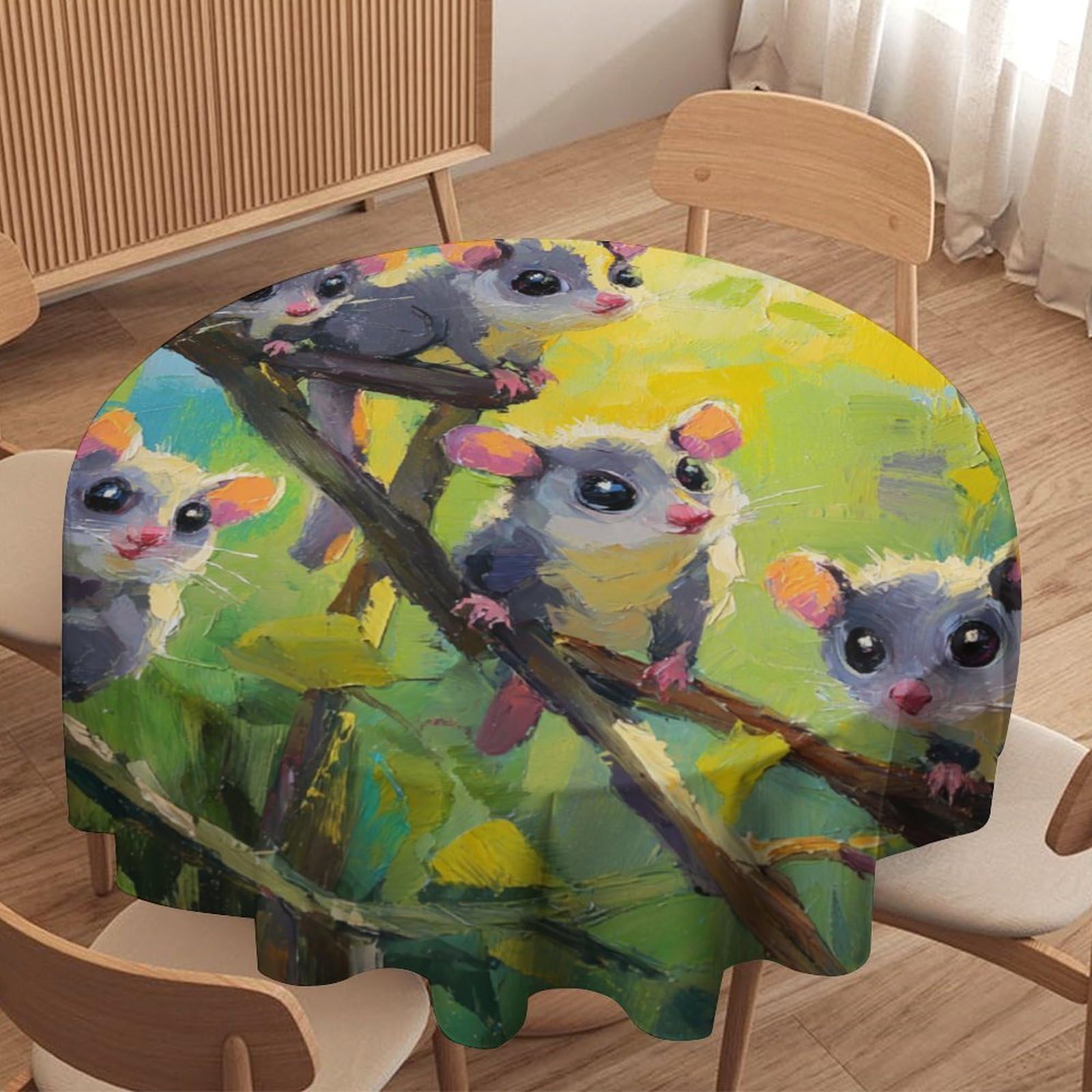 LUYYSKY Classic Realistic Cute Possums Round Tablecloth Modern Watercolor Plants Tree Branch Animal Possums Washable Decor for Table Cover for Kitchen-177.8" Wx177.8 L cm