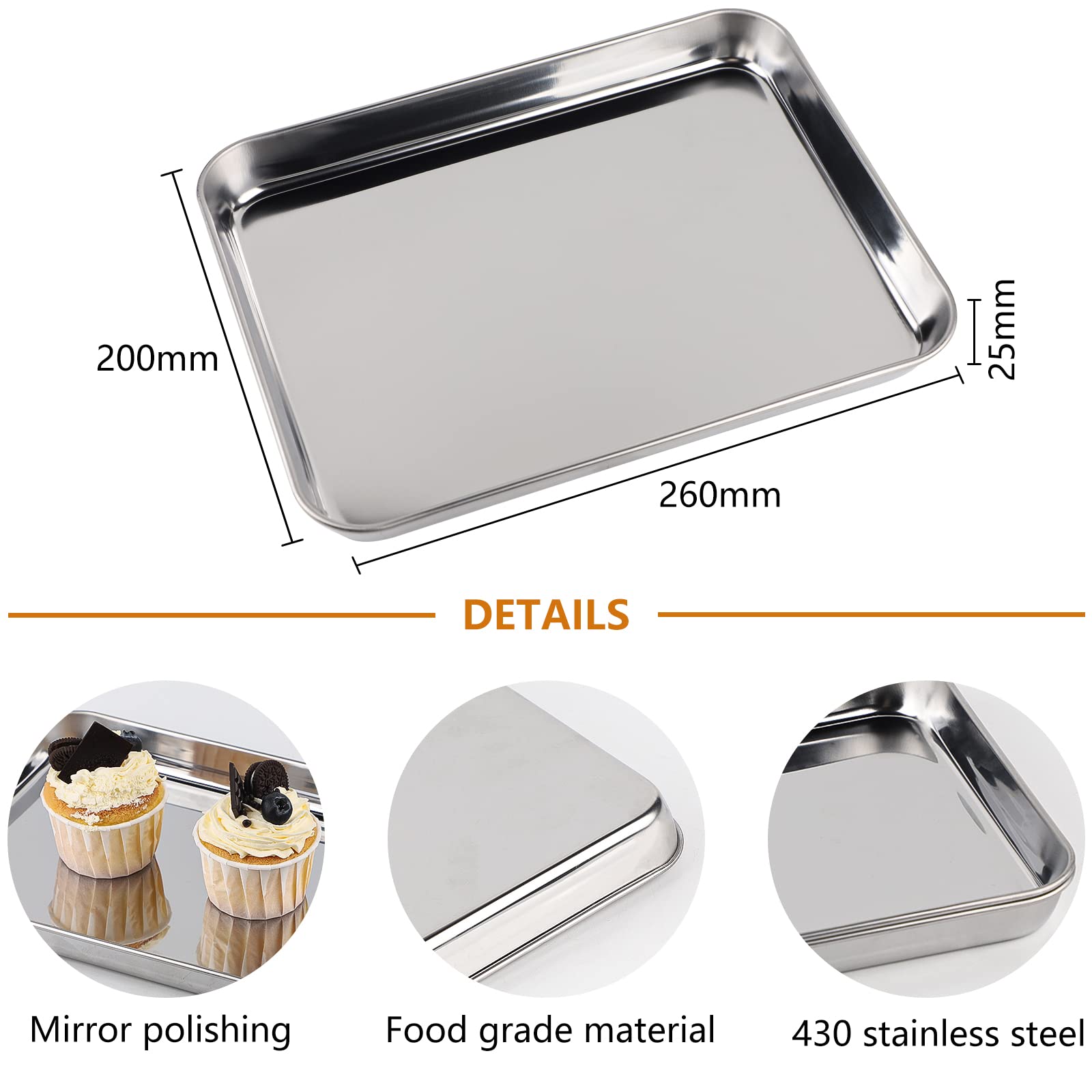 SWAWIS 2 Pezzi Teglia Forno Rettangolare, 26x20x2.5cm Teglia da Forno in Acciaio Inox per cottura a forno, Lavabile in Lavastoviglie