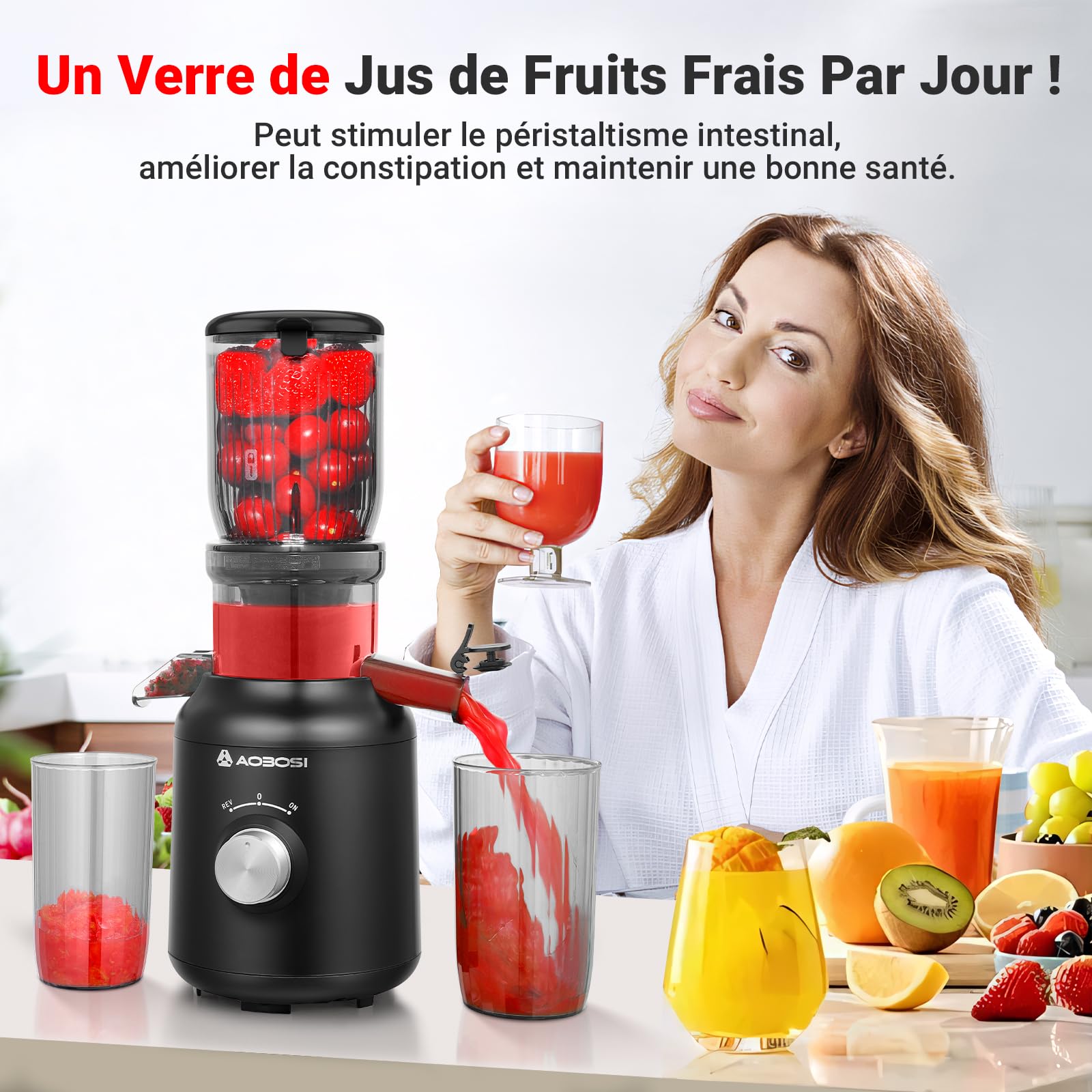 Slow Juicer-AOBOSI Extracteur de jus, 250 W, pour légumes et fruits, avec compartiment de remplissage de 103 mm et 2 filtres sans métal, presse-agrumes, électrique, avec 2 brevets, noir