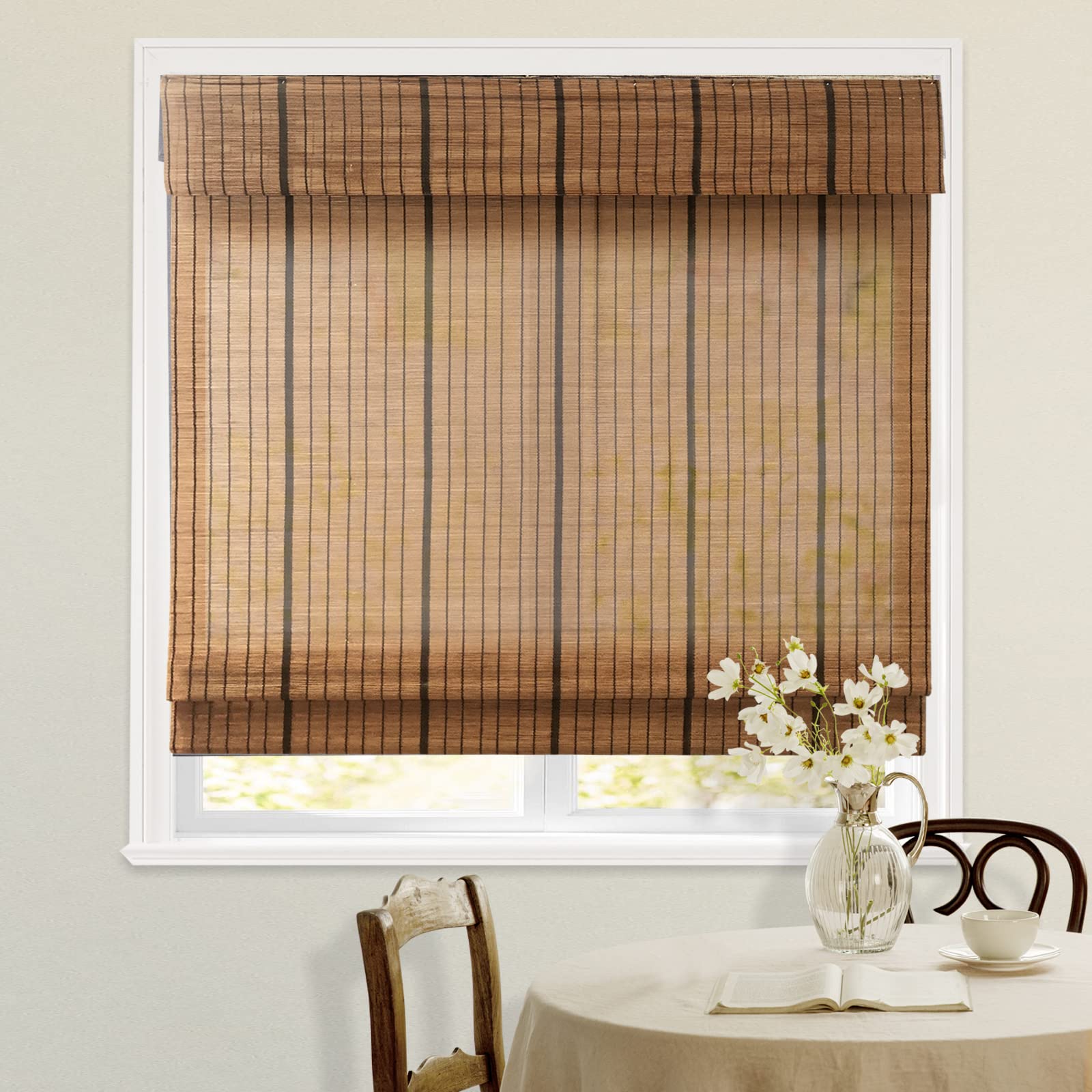 Blackout Cordless Blinds Bamboo Roman Shades, Custom Window Shades with Lining, Natural 100% Bamboo Blinds for Windows, Pattern 1