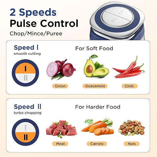 Miniatura 4 de Procesador de alimentos KOIOS, picadora eléctrica de 500W con 2 tazones (8 tazas + 8 tazas) y 2 cuchillas de dos niveles, pequeño procesador Azul