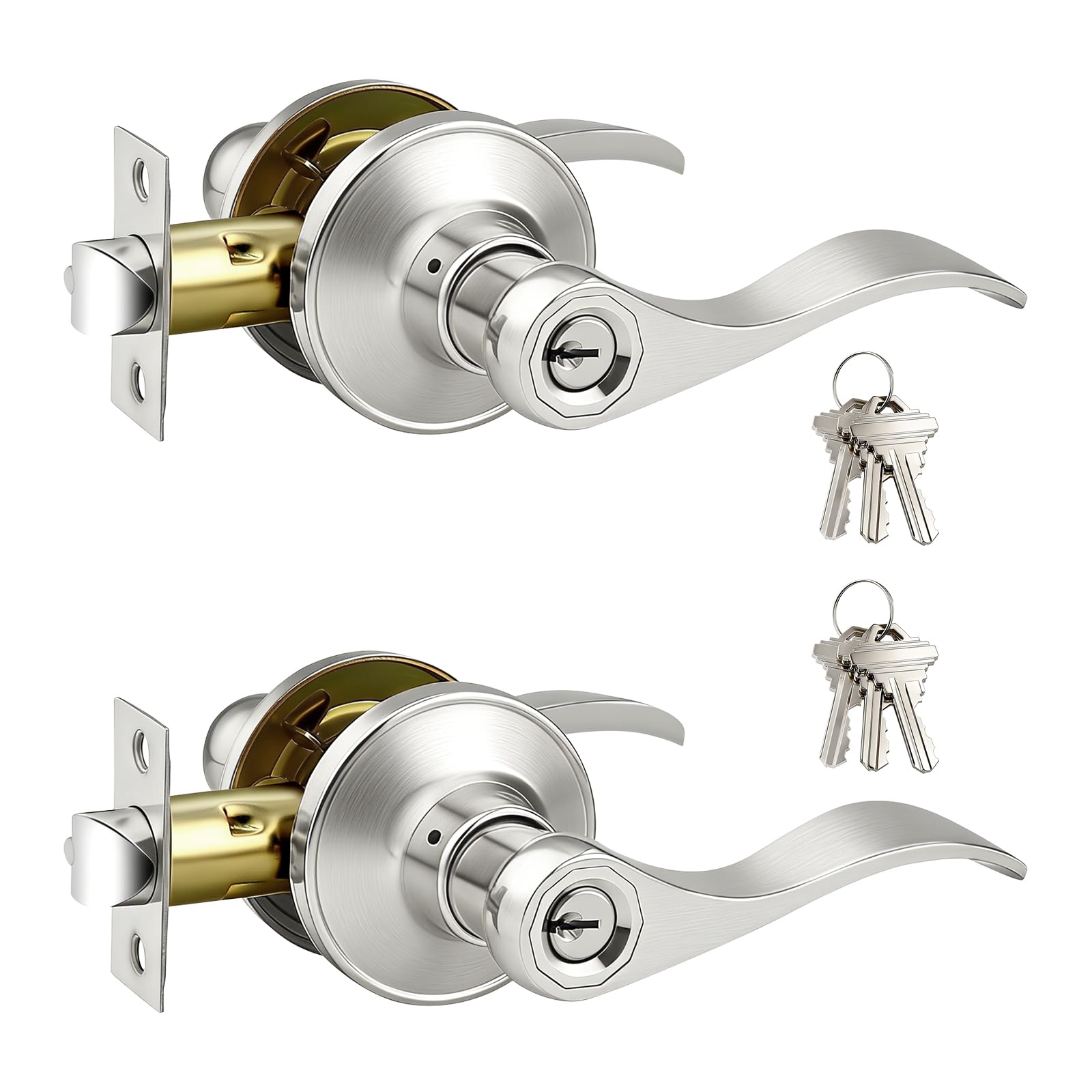 Satin Nickel 2 Pack Keyed-Alike Wave/Drop-Style Door Handle Levers, Knobs with Lock and Same Key for Exterior Entrance Door