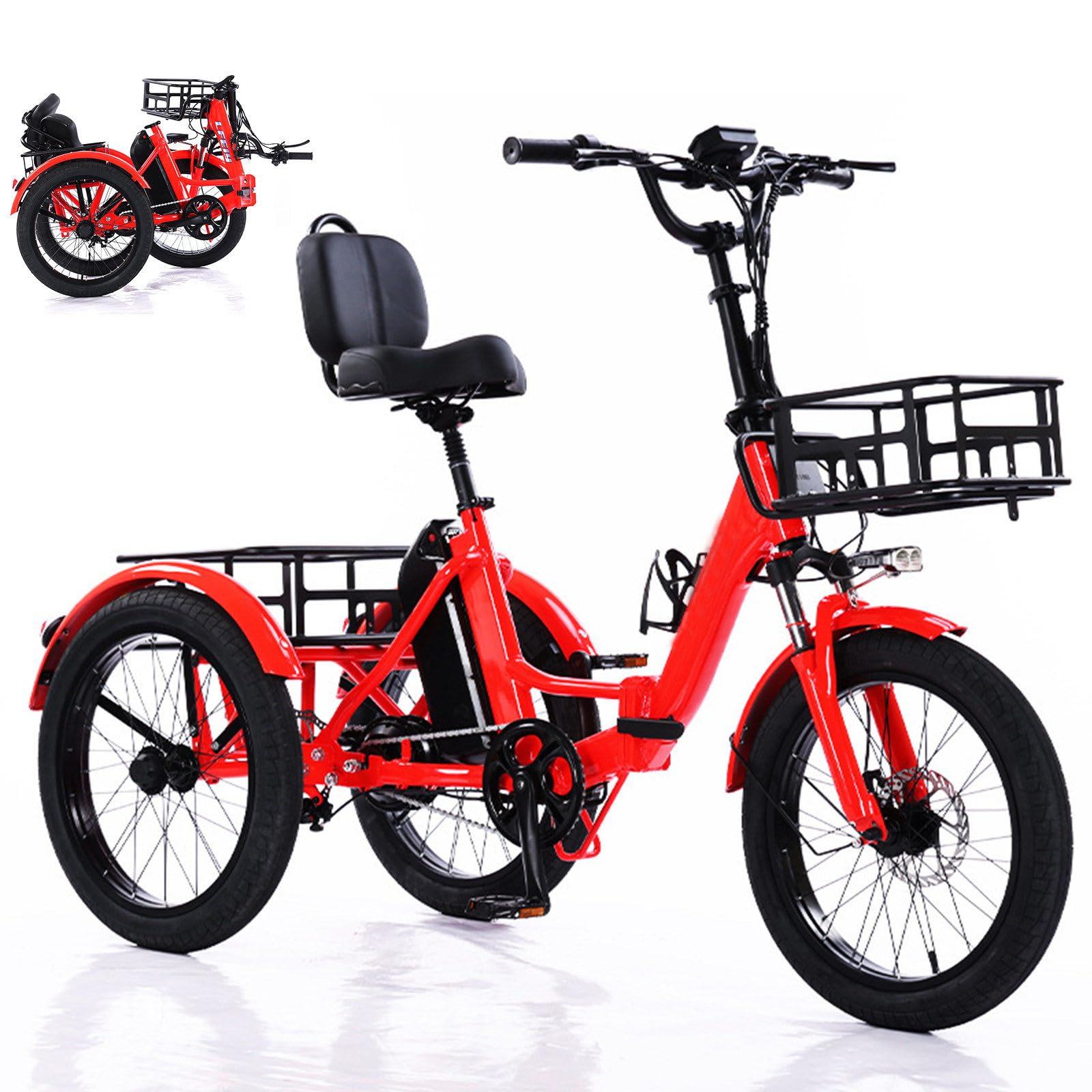 20 Pollici Bici elettrica a 3 Ruote per Adulti Elettrico da Carico con Cestino portaoggetti Pneumatici Larghi per Adulti Pieghevole, Facile da scalare capacità di carico 200 kg