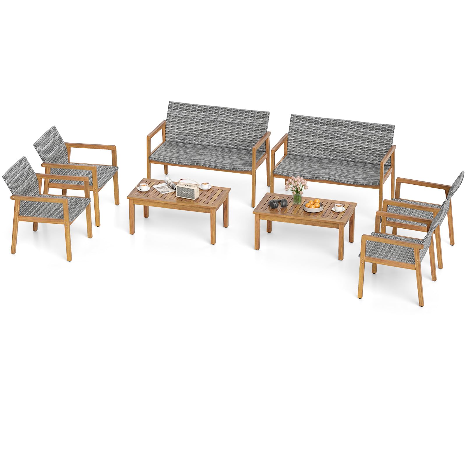 Tangkula 8 Pieces Outdoor Furniture Set, Acacia Wood Frame Sofa Set w/Rattan Seat & Back, Patio Conversation Set w/Coffee Table for Balcony, Poolside,