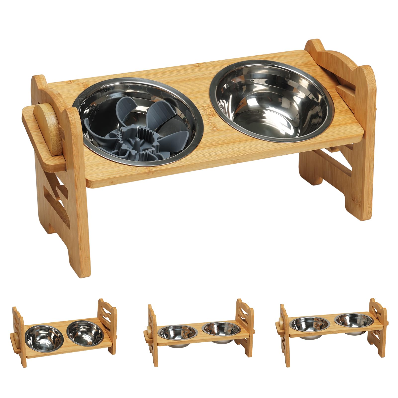 RLAVBL Raised Dog Bowl with Stand 37cm(W) x 19cm(H) Adjustable Bamboo Pet Feeding Station with Slow Feeder and 2 Stainless Steel Bowls, Anti-Slip Pads, Small Dogs and Cats Bowl