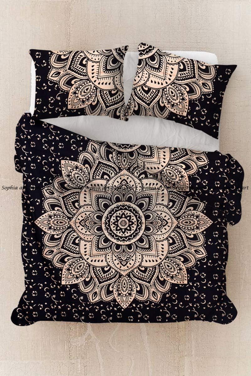 Indian Handmade Hippie Cotton Ethnic Print Bohemian Mandala Ombre Duvet Cover Bedding Donna Comforter Cover Throw Blanket with 2 Pillows Shams (Black Gold Flower, California King 104*104 Inches)
