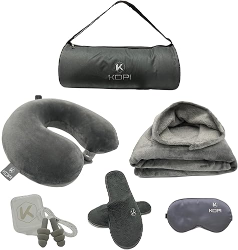 KOPI Manta de viaje con capucha Almohada de viaje, almohada para el cuello y juego de manta, manta de viaje y almohada, máscara de dormir, bolsa de