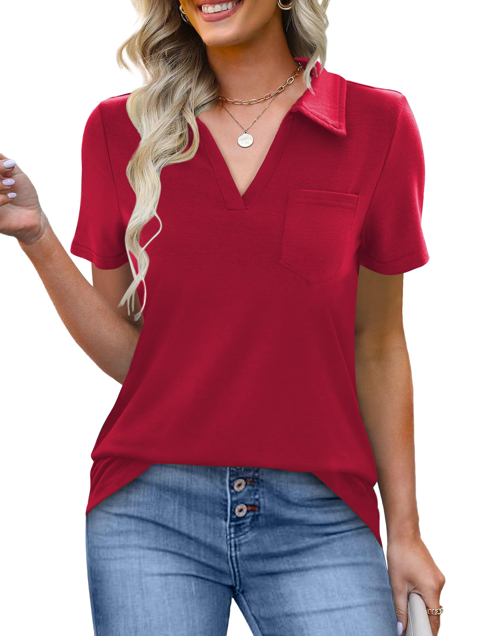 ANAJONRI Women's Polo Shirts Collared Work Tops Short Sleeve Business Casual Dressy Blouses Summer Tops with Pocket