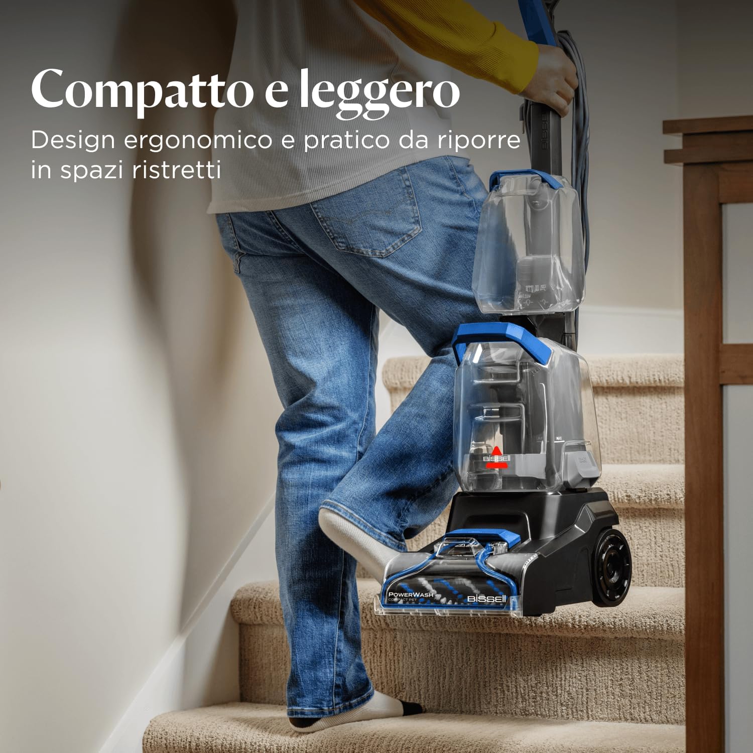 BISSELL PowerWash Compact Pet being carried up stairs, demonstrating its compact and lightweight design