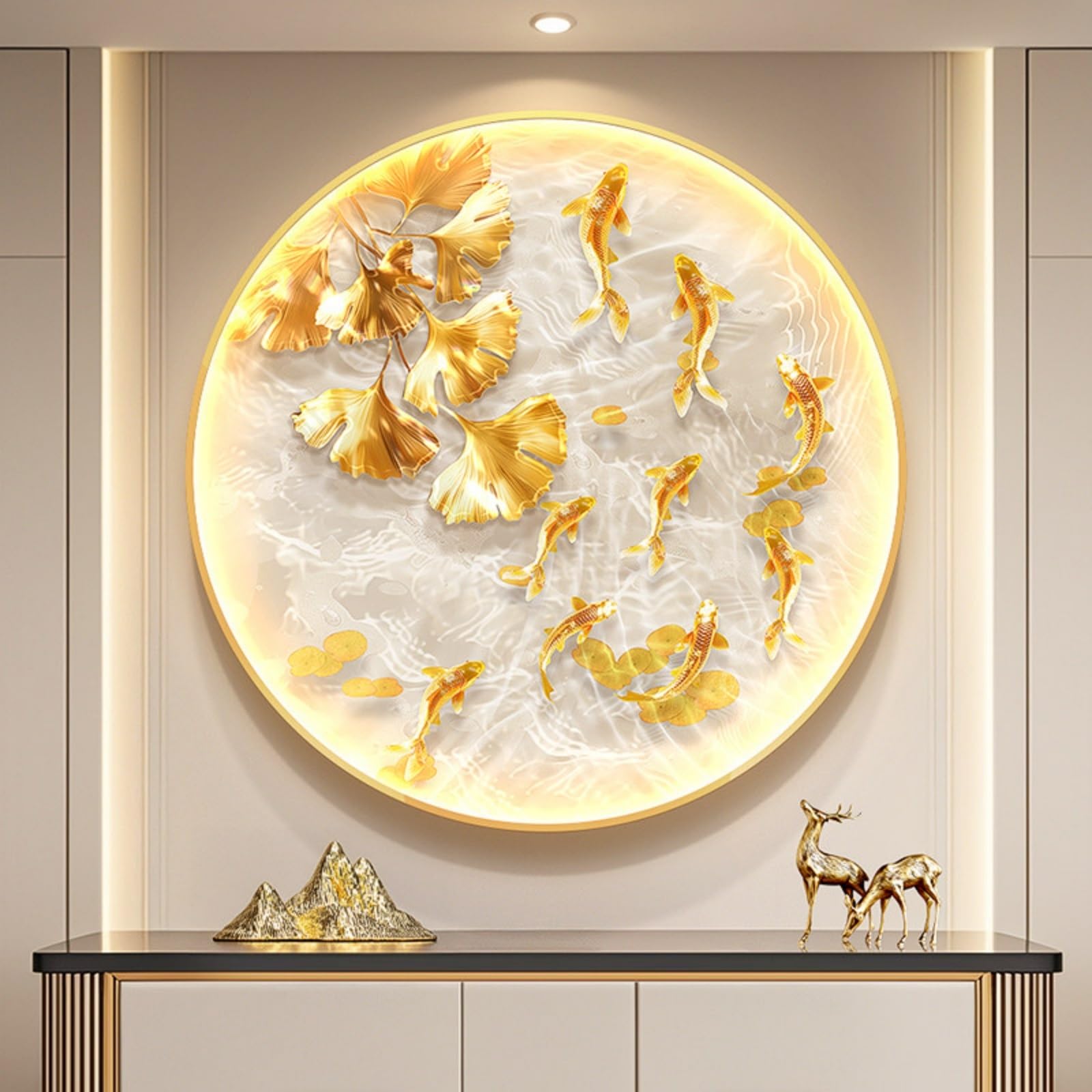 DAJIAYIQI Round Koi Fish Wall Art, Modern Feng Shui Illuminated Wall Hanging Decoration, Creative Art Wall Sculpture with Aluminum Frame, for Living Room Bedroom Office(B,60cm/23.6in)