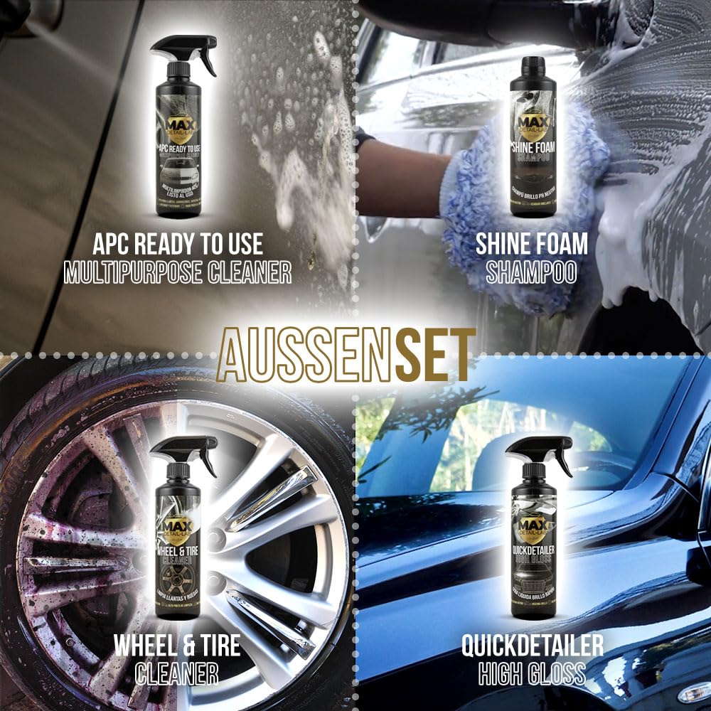 MAX DETAIL-LAB - Exterior Pack - Auto Reinigungsset Waschen Set Aussen mit Zubehör, Felgenreiniger Iron Cleaner, Autoshampoo Aktivschaumreiniger, Quickdetailer, APC Reiniger, Detailing Car Motorrad