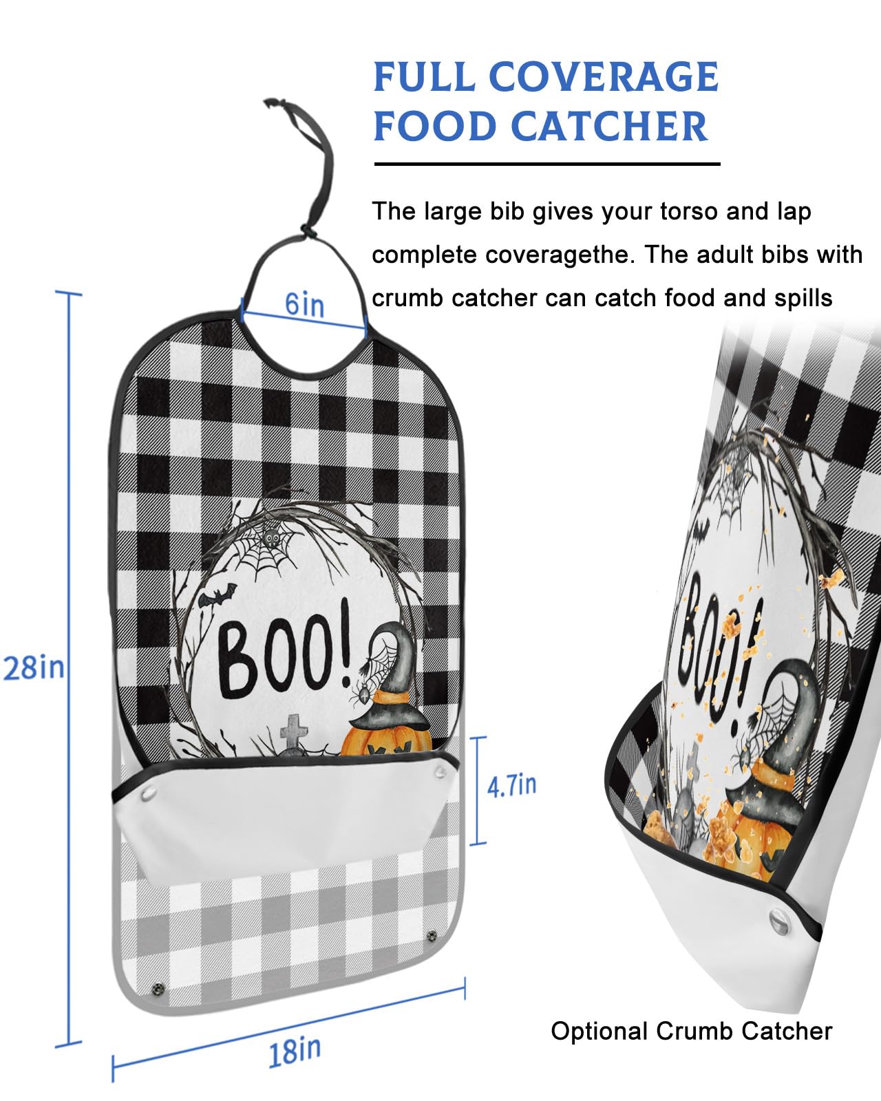 Halloween Adult Bibs for Eating, Waterproof Bibs with Food Catcher & Adjustable Snap Closure, Orange Pumpkin Bat Black White Plaid Washable Clothing Protectors Adult Bibs for Elderly Women/Men