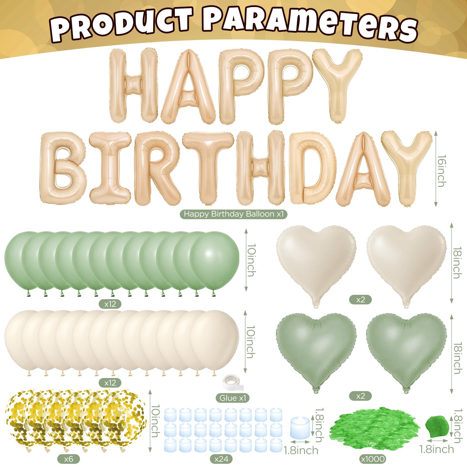 Ballons décoratifs vert sauge « Happy Birthday » - Bannière de ballons d'anniversaire avec ballons en forme d'étoile - 24 bougies LED sans flamme - Pour chambre, hôtel, fête
