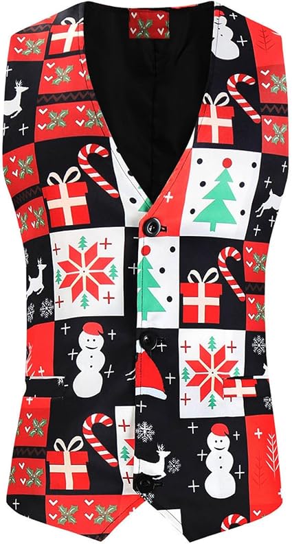 Gilet De Noël Pour Homme - Coupe Ajustée, Imprimé Festif, Boutons, Col En V, Sans Manches, Style Rétro - 12