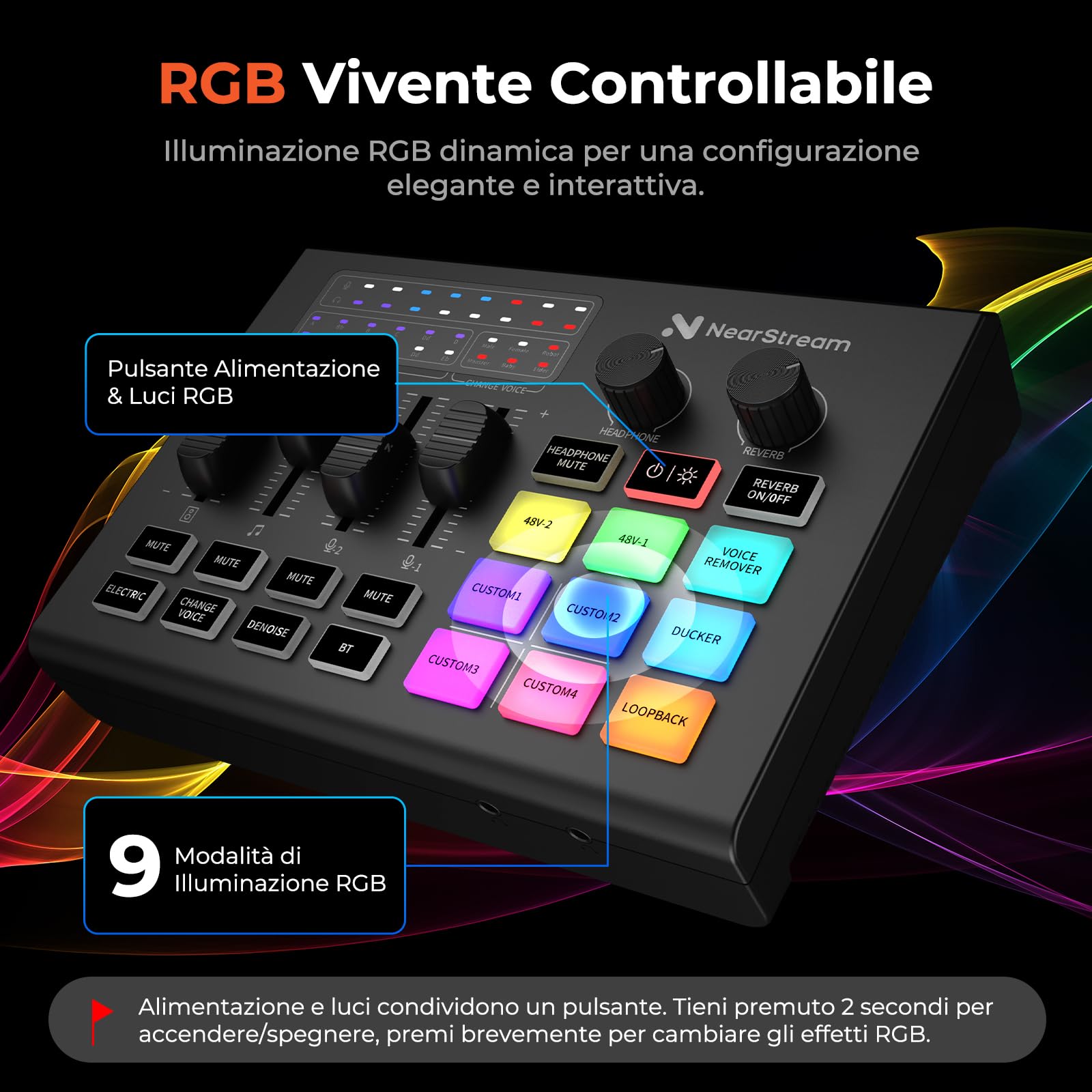 NearStream Mixer gaming con preamp mic, doppio ingresso XLR/6.35mm, 48V, RGB, voice changer, sound pads, loopback – Interfaccia audio per streaming, podcast e musica (AMIX20U)