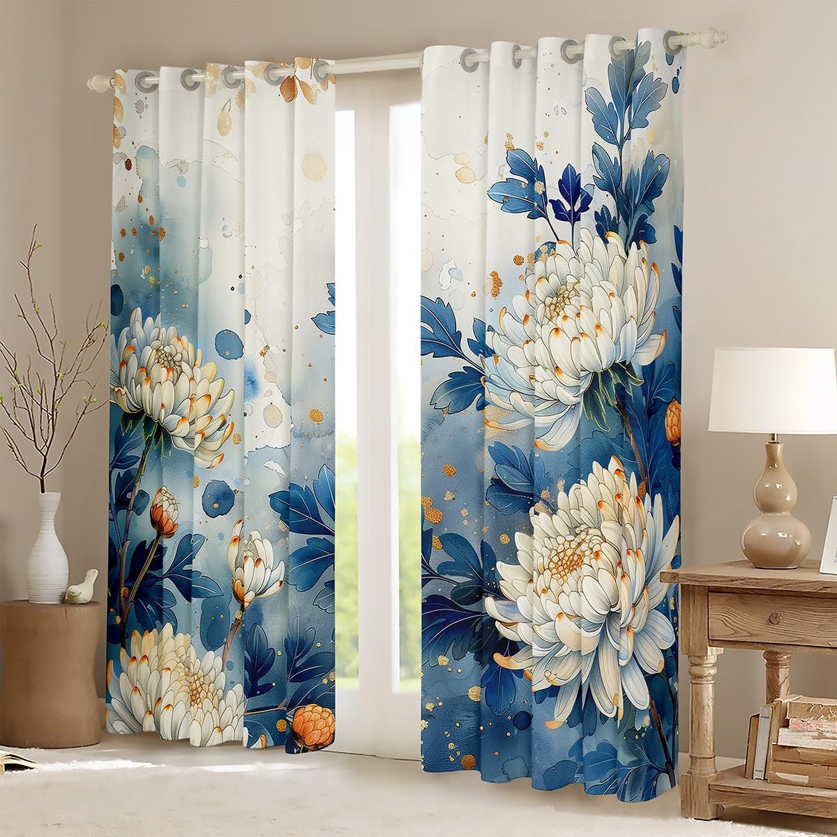 Erosebridal White Chrysanthemum Curtains for Kids Girls Chic Floral Blackout Curtains 84x90,Spring Garden Curtains & Drapes Watercolor Style Bedroom Curtains Plant Botanical Window Treatments