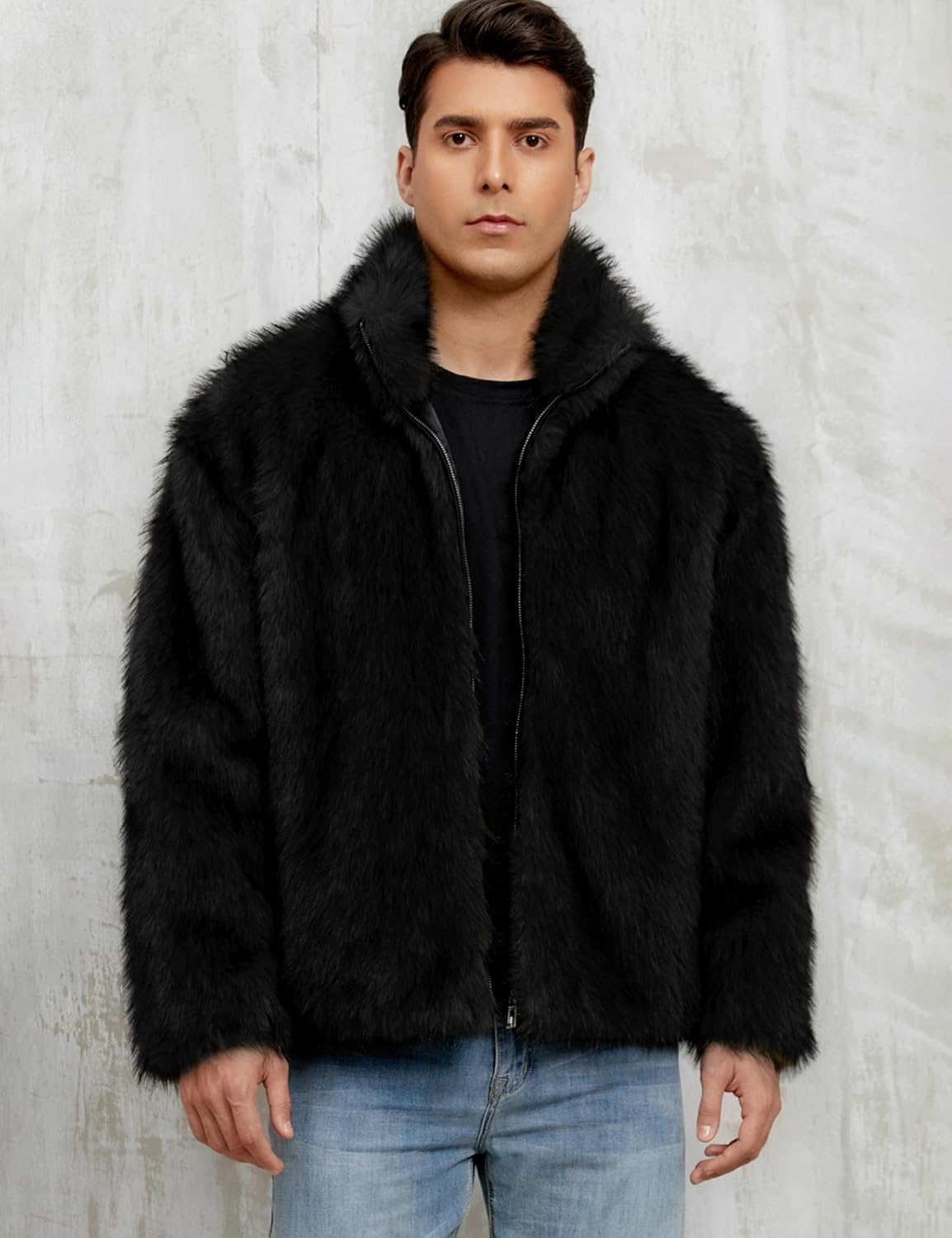 Gihuo Faux Fur Coat Winter Jackets for Men Fur Jacket Warm Fluffy Furry Outcoat Fake Fur Outerwear With Zipper - Image 4