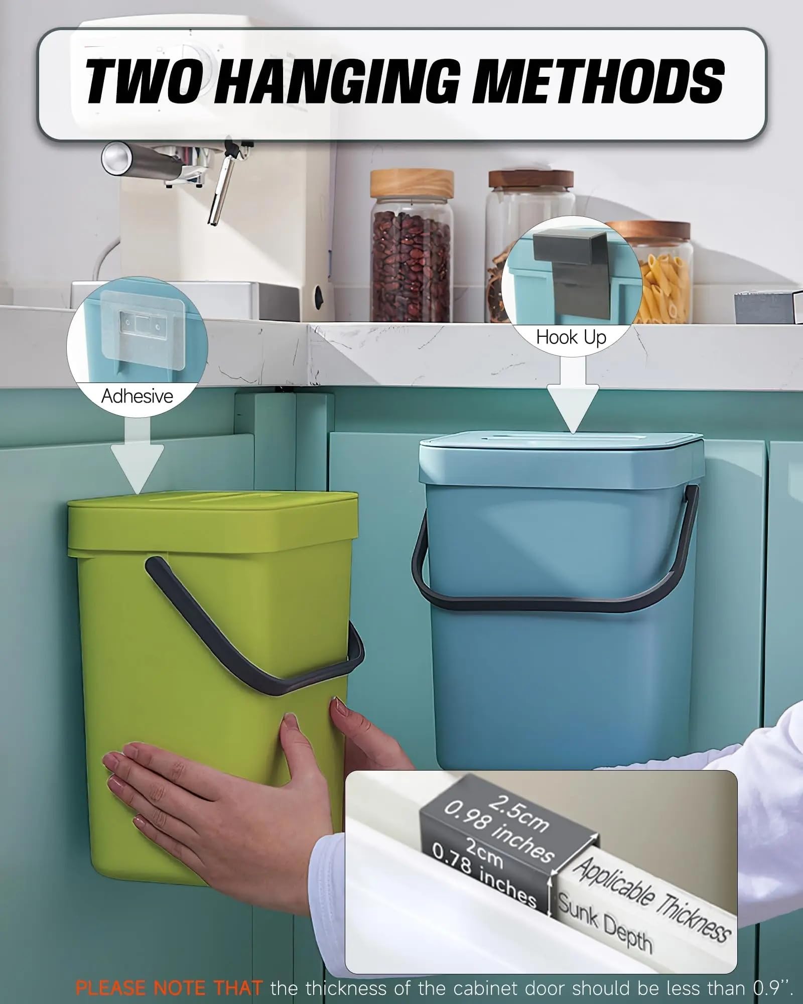 Cubo Basura Plegable Bote de basura abono interior colgante con tapa | Restos de comida sin olores sellados con plástico(12L,Green)