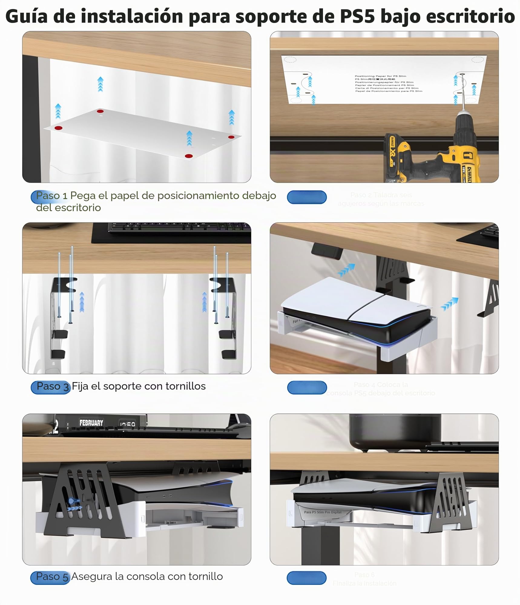 Soporte Bajo Mesa para PS5 para Todos PS5 Consola Disco & Digital, Horizontal Soporte Bajo Escritorio para PS 5 de Metal, Oculto Soportes para PS 5 Compatible con Consola PS5/Slim/Pro