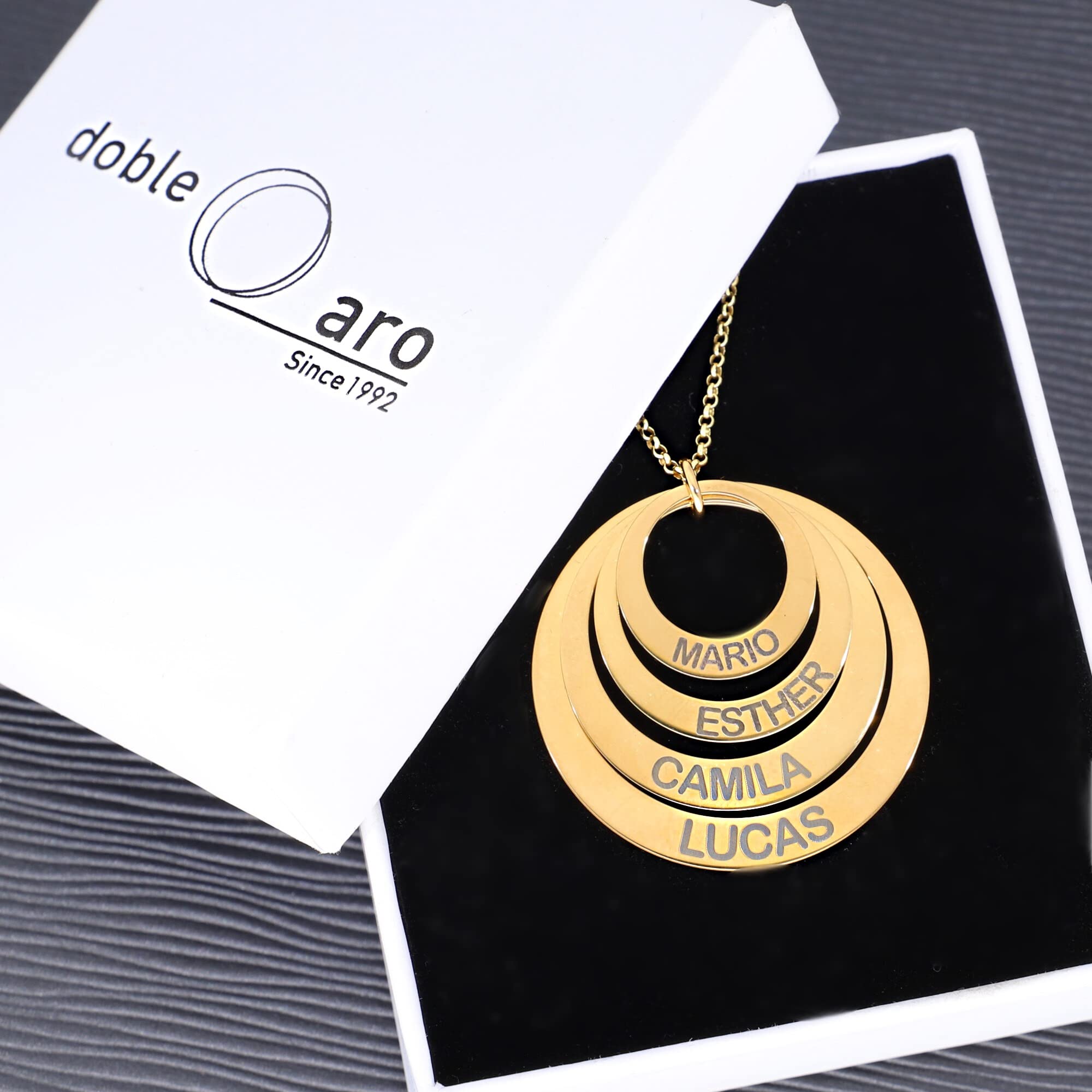 Collar Personalizado con Discos - Colgante Personalizado con Nombres o Palabras - Colgante de Plata - 4 Discos de Oro en Plata de Ley 925/1000
