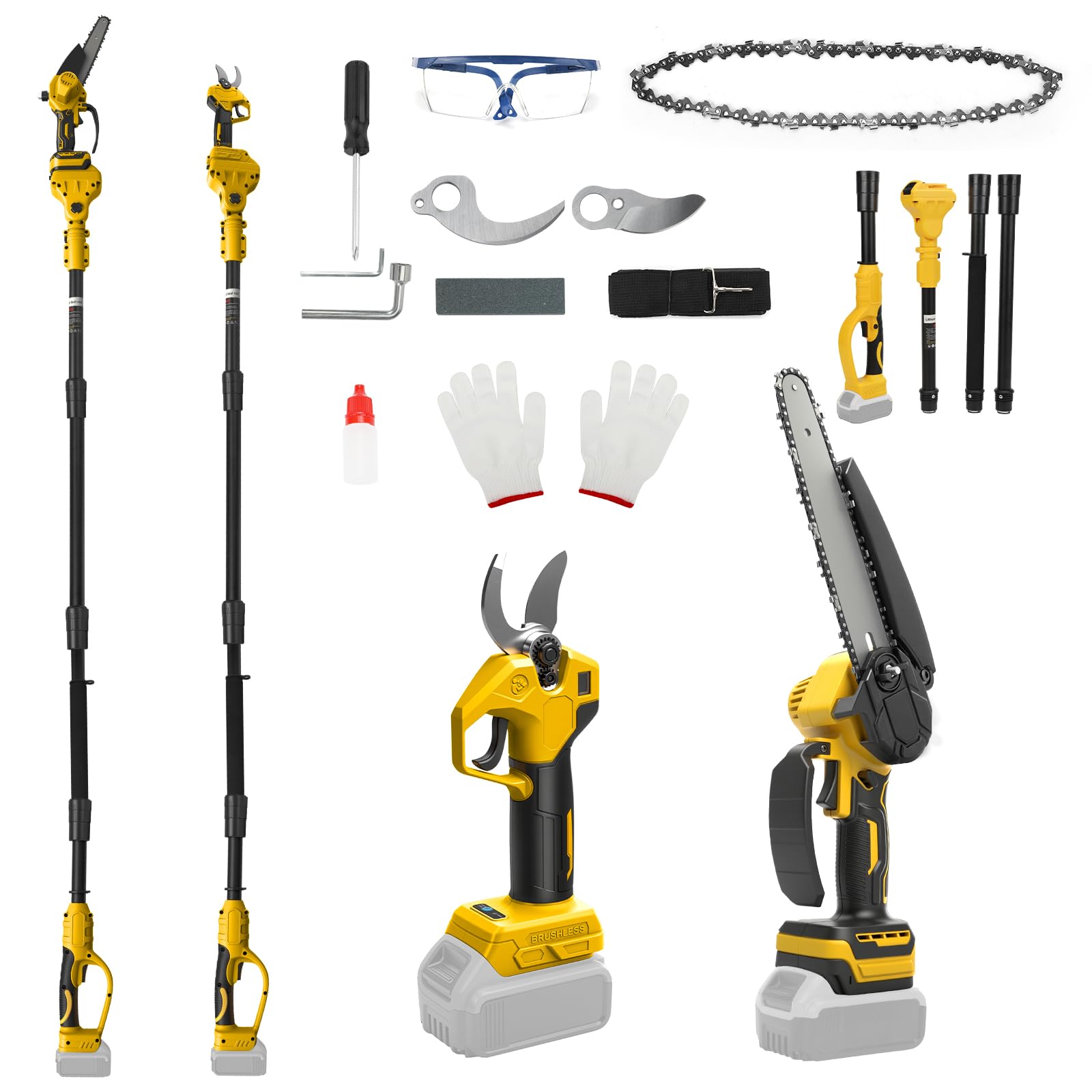 4-in-1 Cordless 8-inch Mini Chainsaw & Pruning Shears Compatible with Dewalt 20V Battery (No Battery), Pole Chainsaw with 2m Extension Pole and Spare Chain, 30mm Electric Shears with Spare Blade