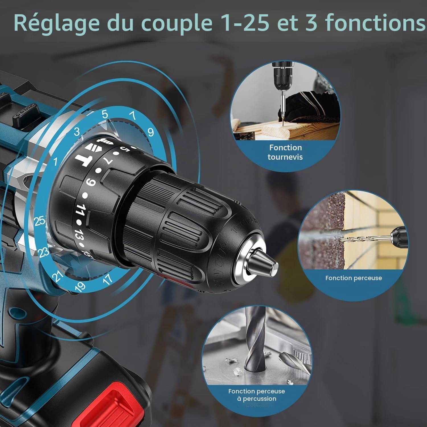 Perceuse Visseuse Sans Fil 21V 3-en-1 – Kit de 61 Accessoires, 2 Batteries & Chargeur Rapide, Couple 45 Nm – Multifonction pour Perçage, Vissage & Projets Domestiques
