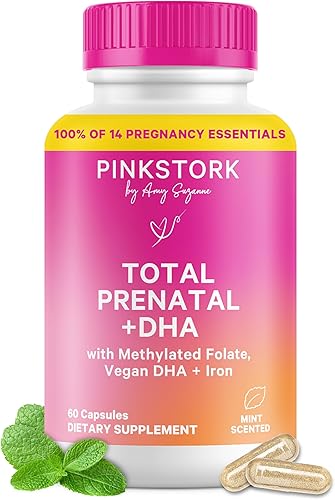 Pink Stork Vitaminas prenatales totales con DHA, folato, hierro, colina y vitamina B12, nutrición preconceptiva, prenatales para mujeres, esenciales