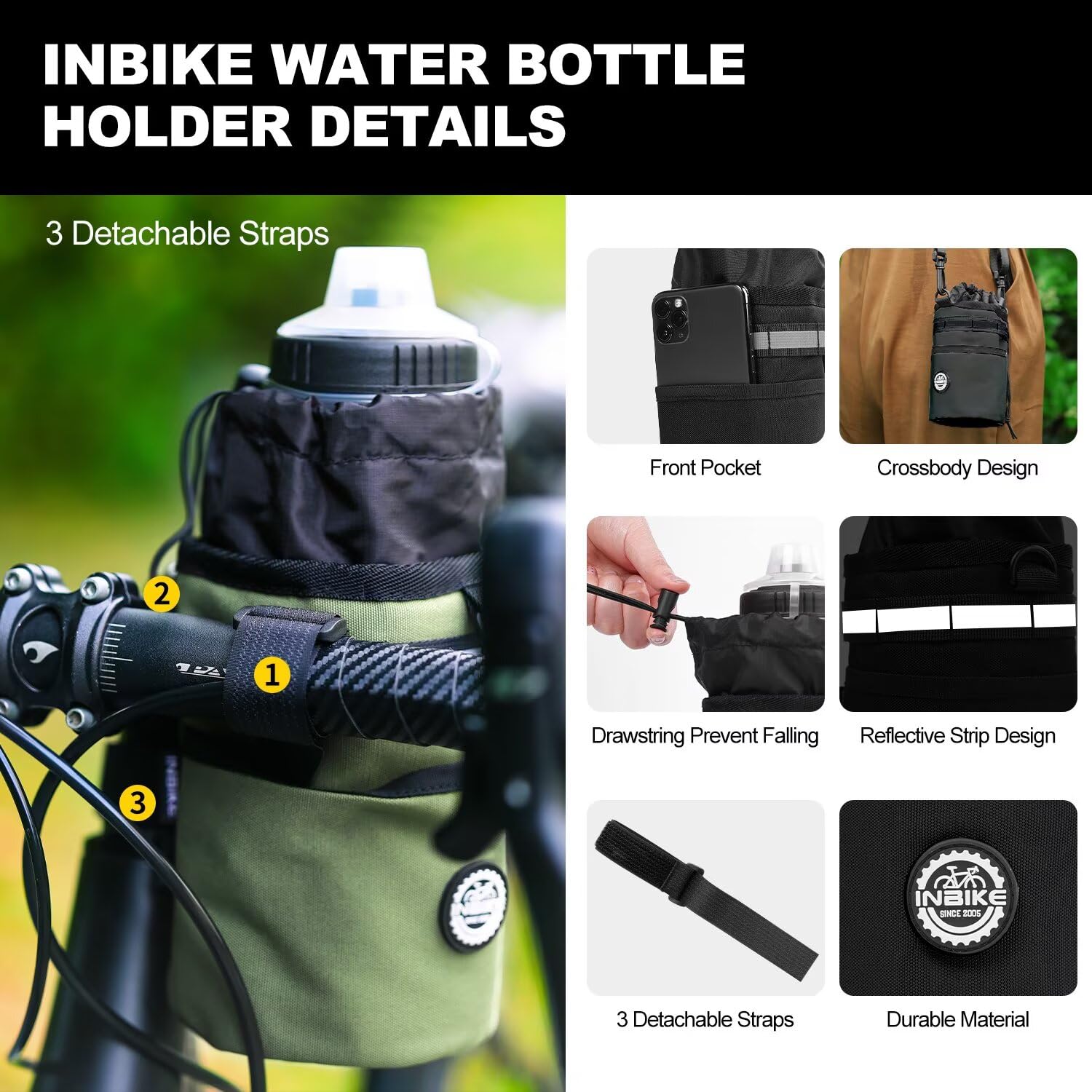 INBIKE Bike Cup Holder, 16oz - 34oz Installing Insulated Water Bottle Holder Handlebar For Bicycle With Extra Pocket Waterproof Reflective With Removable Hook Loop Fasteners And Shoulder Strap Khaki