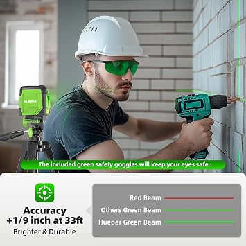 Laser Level with 60in Tripod, HUEPAR 98Ft Self Leveling Laser Level Green Line Laser Cross Line Laser Leveler Tool for Picture Hanging, Home Renovation, Indoor Project, Battery&Carrying Bag Included