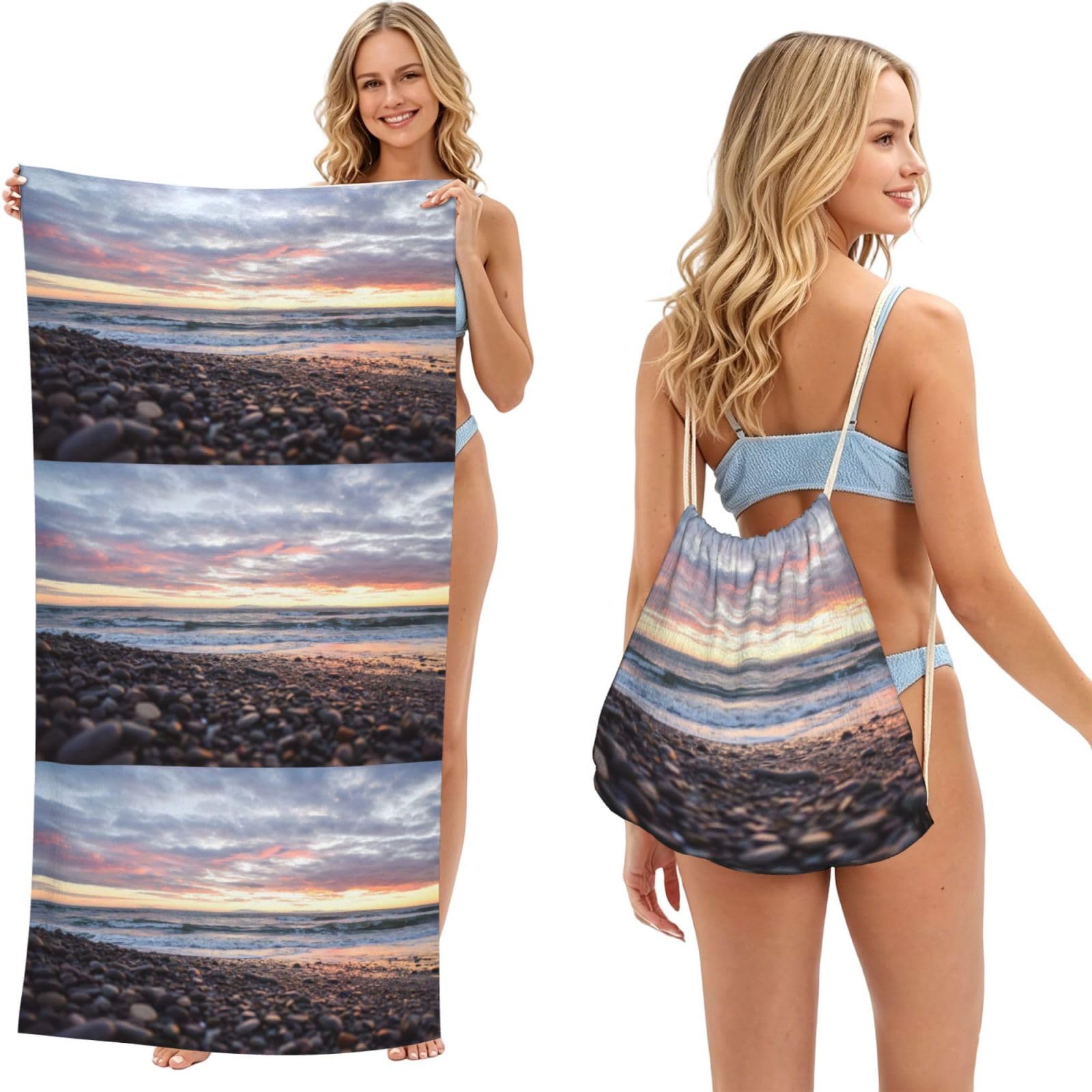 Poadnly As Picture Beach Sunset Pebbles, 2 In 1 Packable Towel Bag, Beach Towels With Drawstring Backpack For Travel Holiday Camping