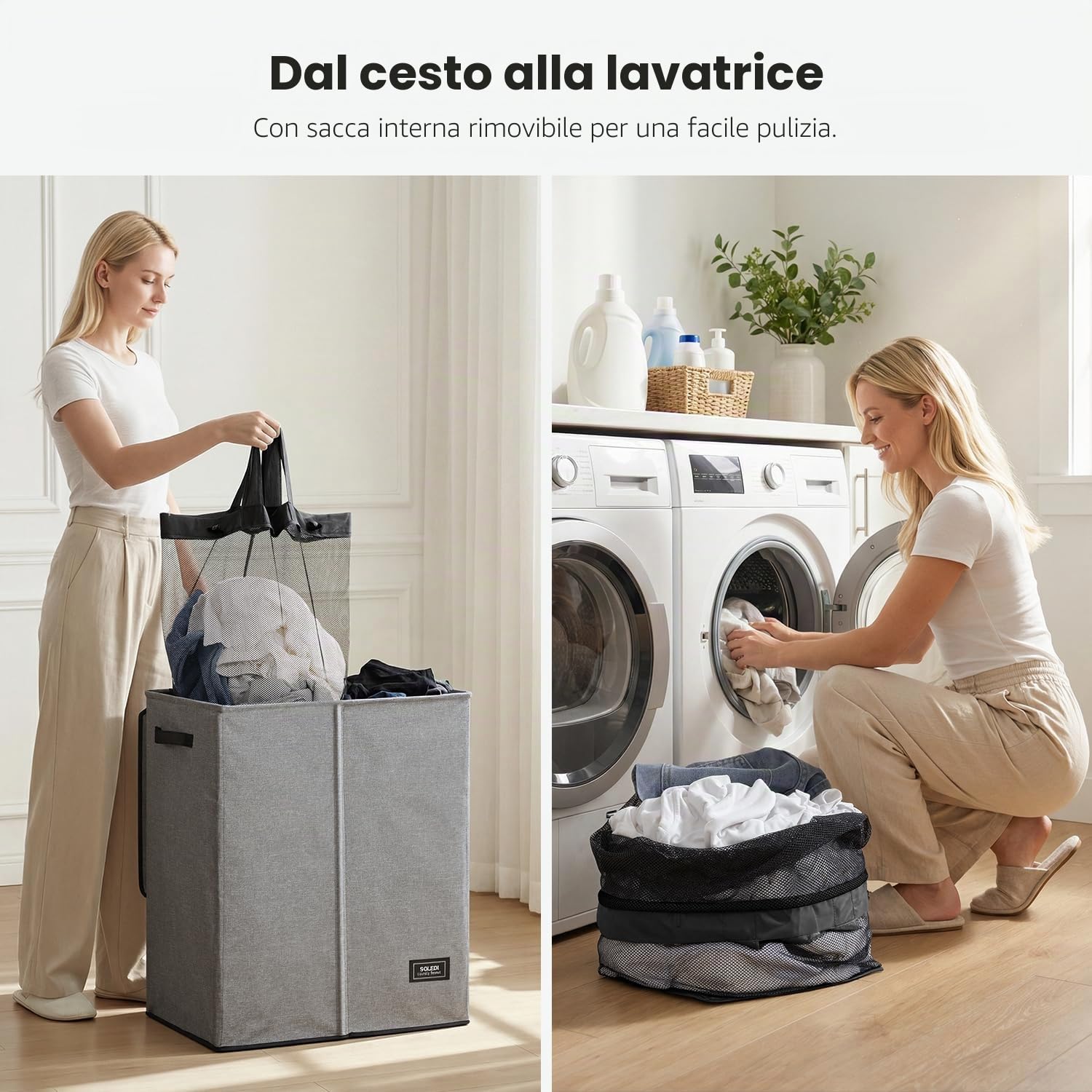 SOLEDI Cesto portabiancheria doppio da 145 litri con coperchio, cesto portabiancheria a 2 sezioni, pieghevole e sporco, con robusta borsa per la biancheria, per camera da letto, dormitorio, università