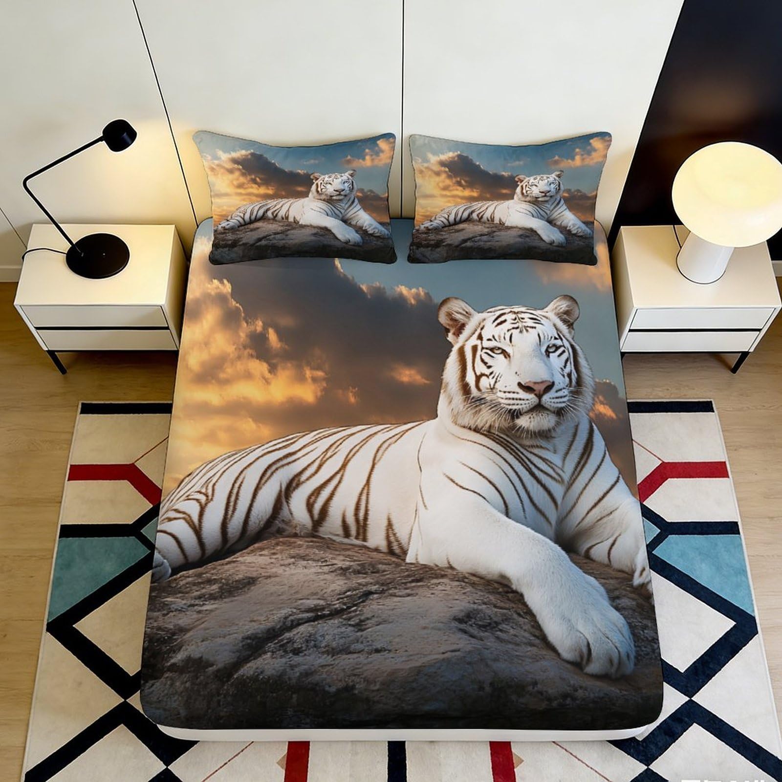 3D Printed White Tiger Fitted Sheet Microfiber Soft Durable 3D Printed Sunset Mattress Cover for Bedroom Dormitory Guest Room Protection 140x200x25cm