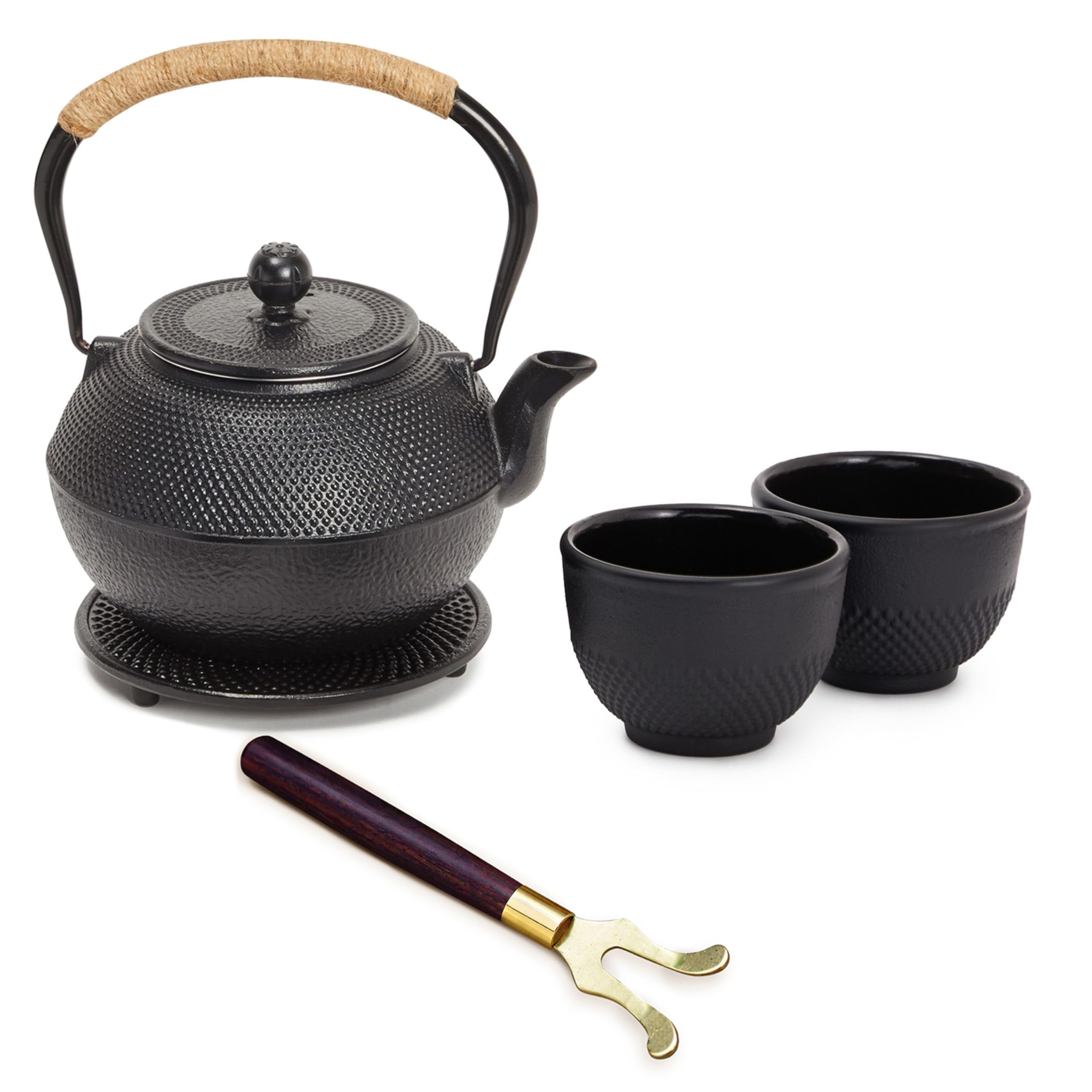 Cast Iron Teapot, Japanese Tetsubin Kettle Set with 2 Cups, Tea Infuser (1200 ml, Black)