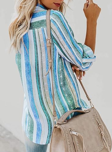 Miniatura 5 de Astylish - Blusa con cuello en V, rayas, mangas enrollables y botones para mujer