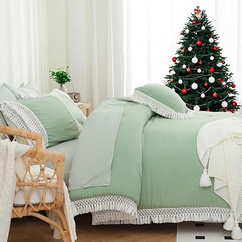 Miniatura 4 de Juego de edredón bohemio tamaño King de 8 piezas en una bolsa, juego de ropa de cama verde con 1 edredón con borlas, 1 sábana encimera, 1 sábana